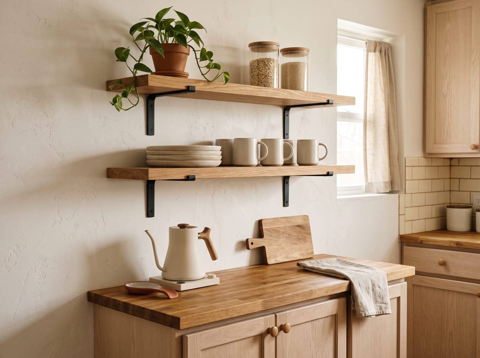 two open wood shelves above a rental kitchen counter, styled with stacked white plates and glass canisters