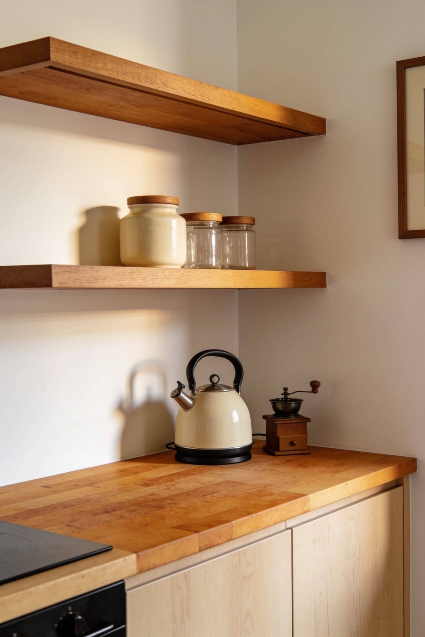 open shelf mounted about eighteen inches above a kitchen counter with clear working room below