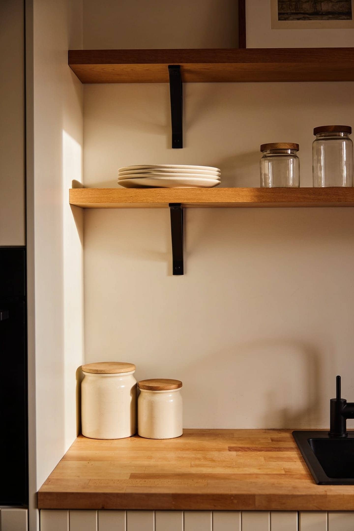 wall mounted wood shelf with a slim bracket in a rental kitchen