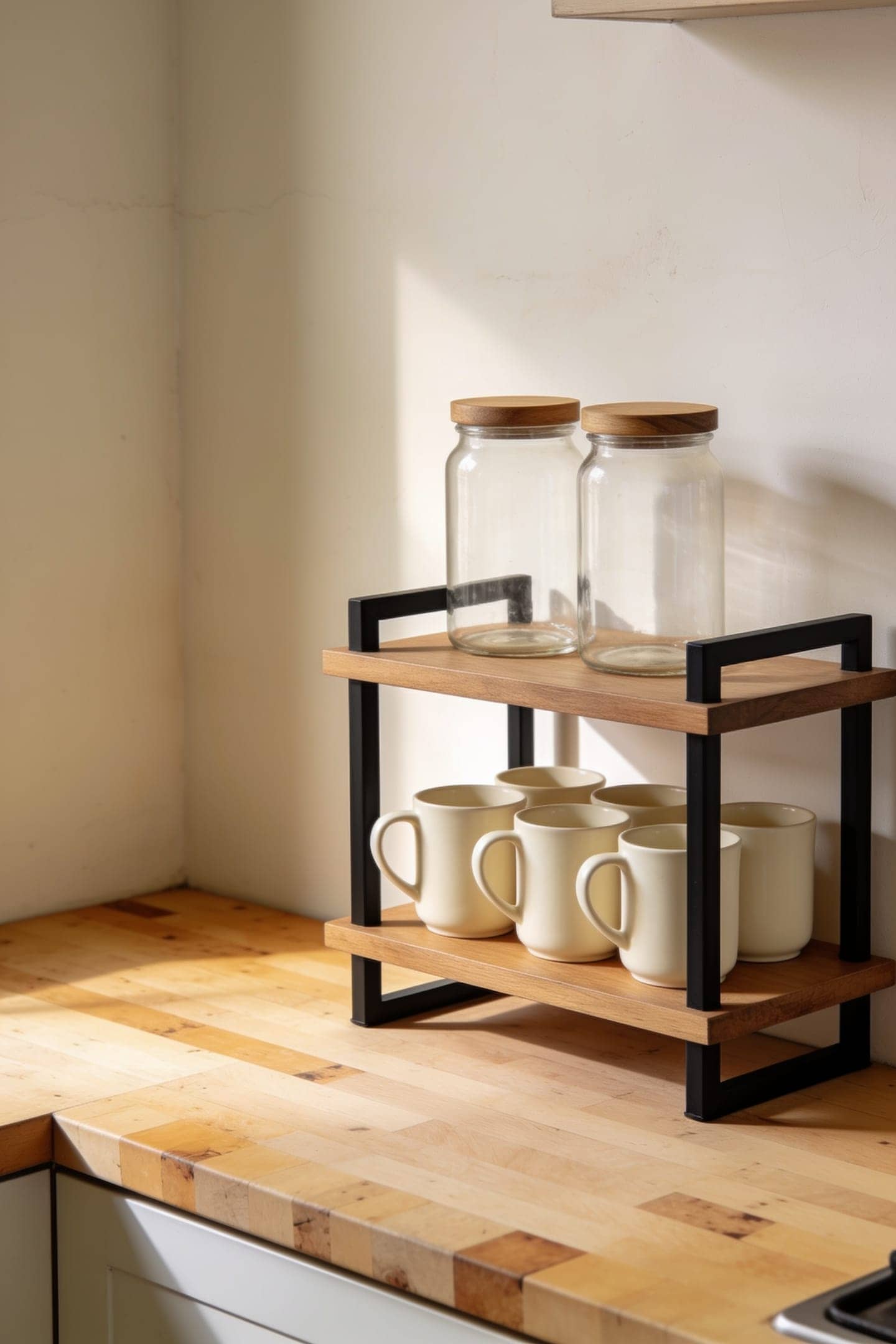 freestanding two tier counter shelf holding mugs and small jars on a kitchen counter