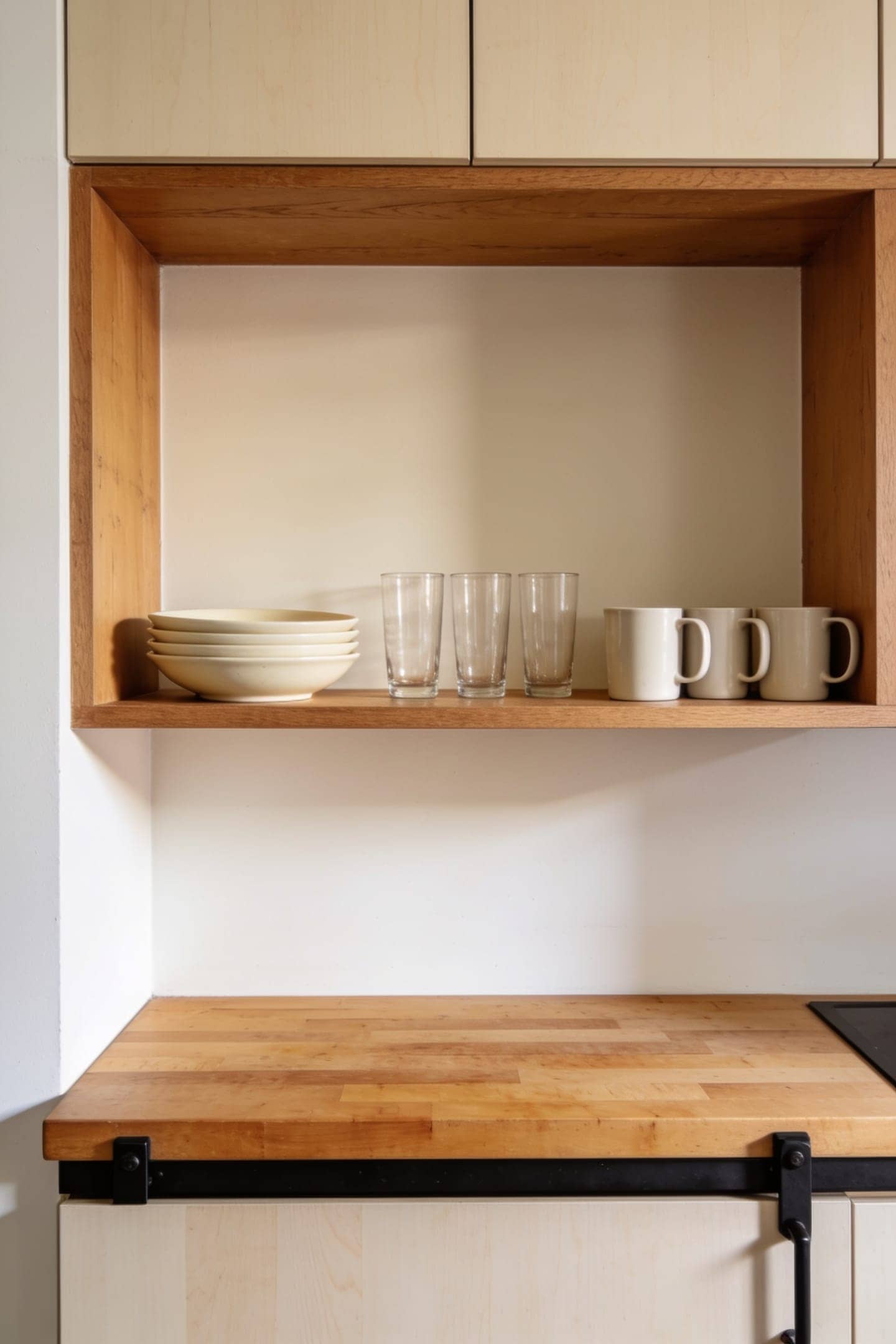 open shelf holding everyday bowls and mugs in daily use