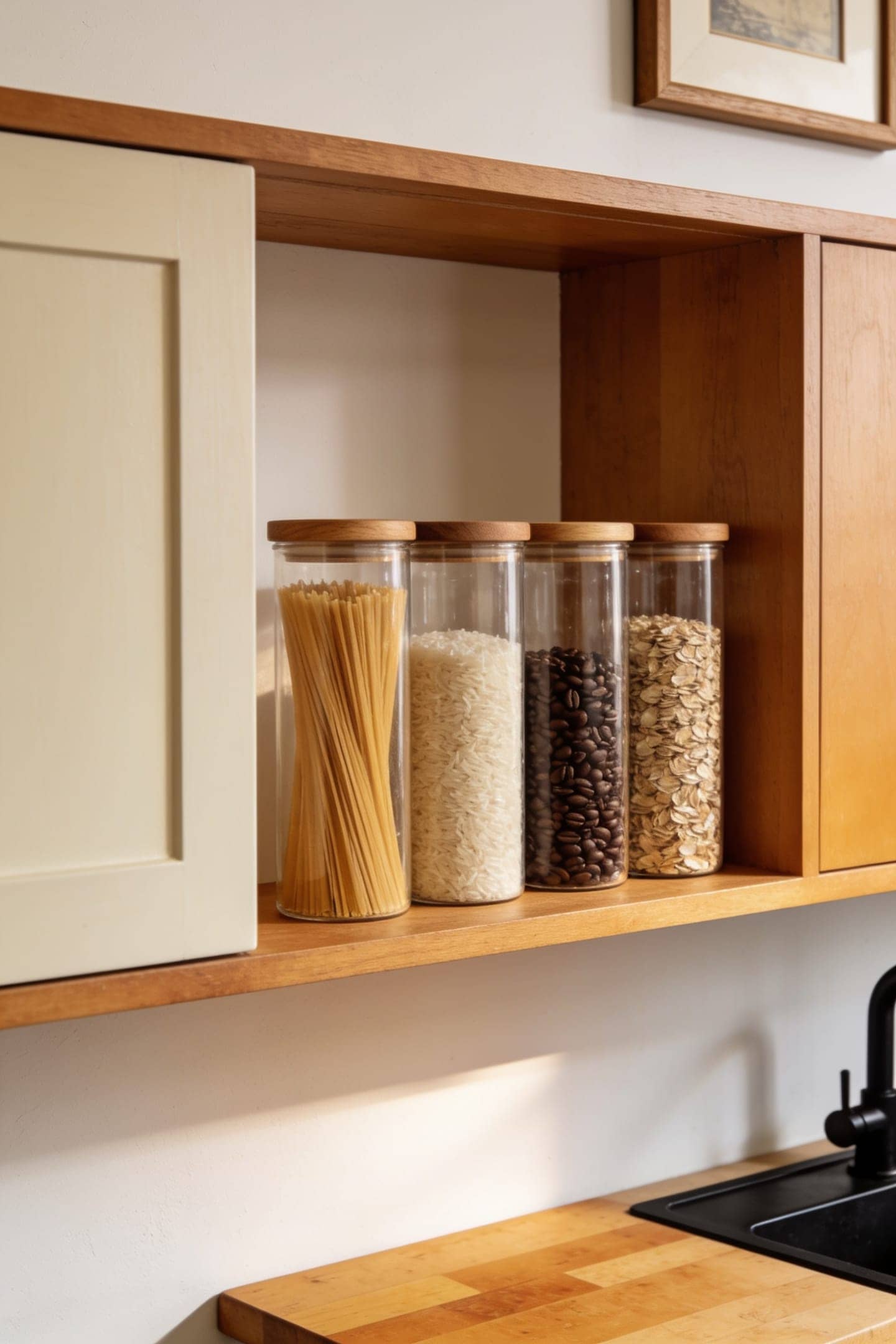matching glass canisters with wood lids holding pasta and rice on an open shelf
