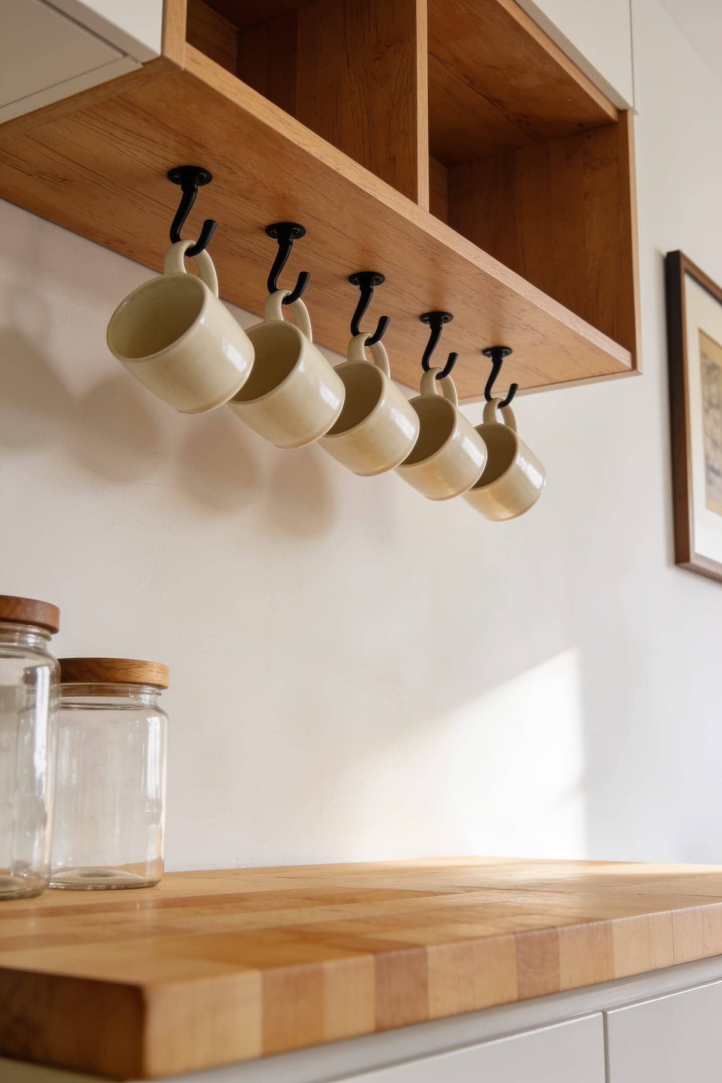 row of mugs hanging from hooks under the lowest open kitchen shelf