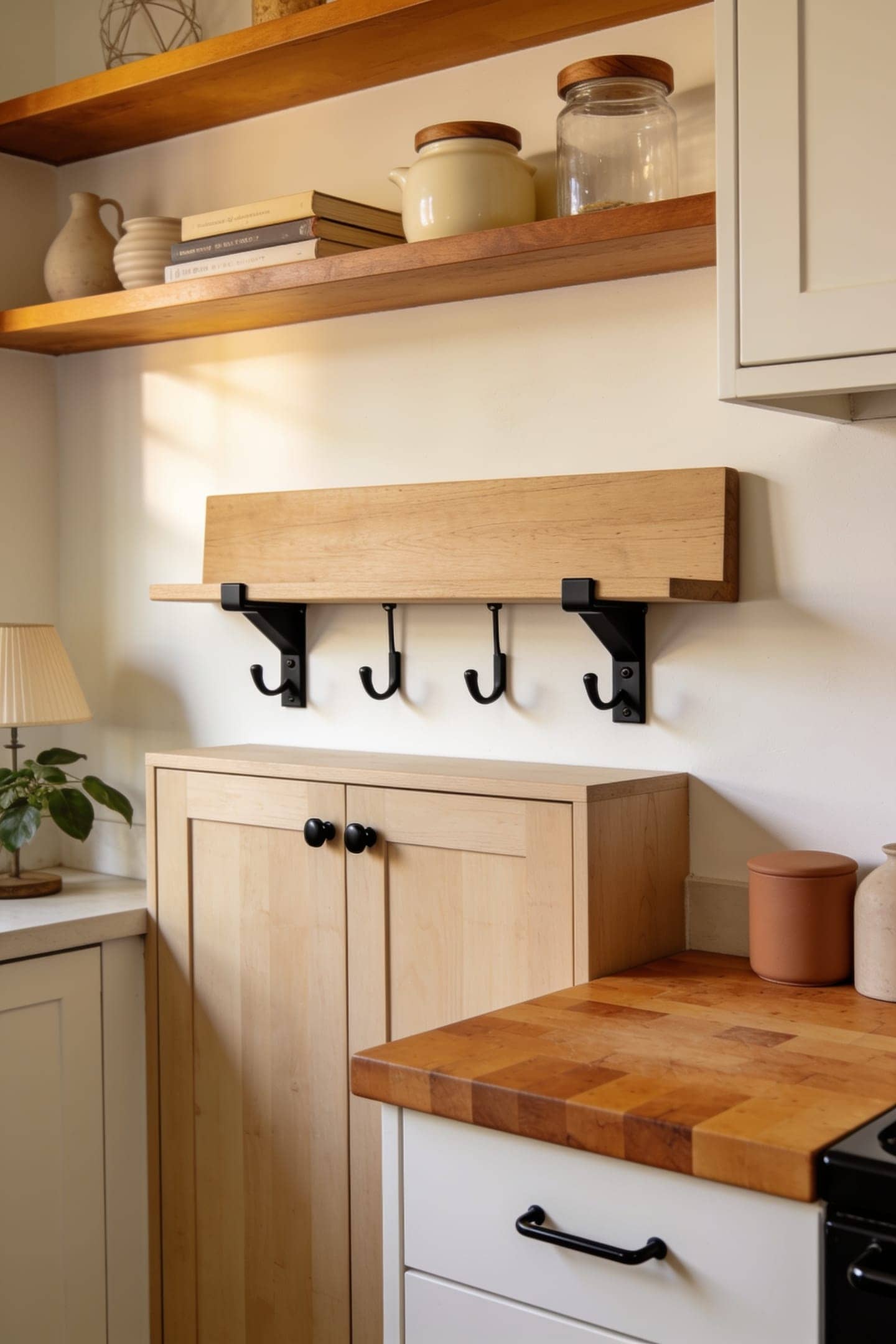 open shelf with matte black brackets and matching black hooks in a warm kitchen
