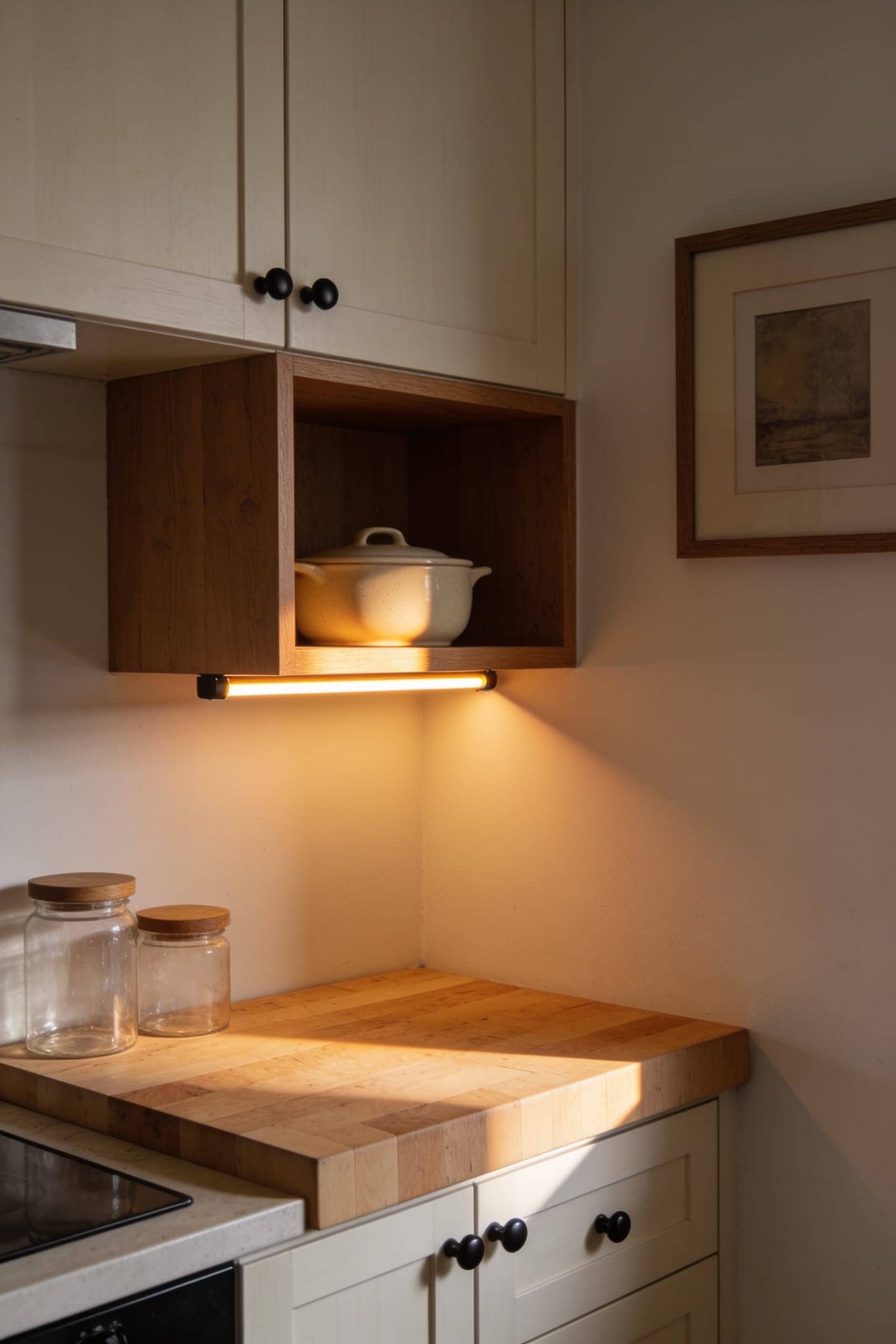 warm light washing across an open kitchen shelf from a fixture underneath