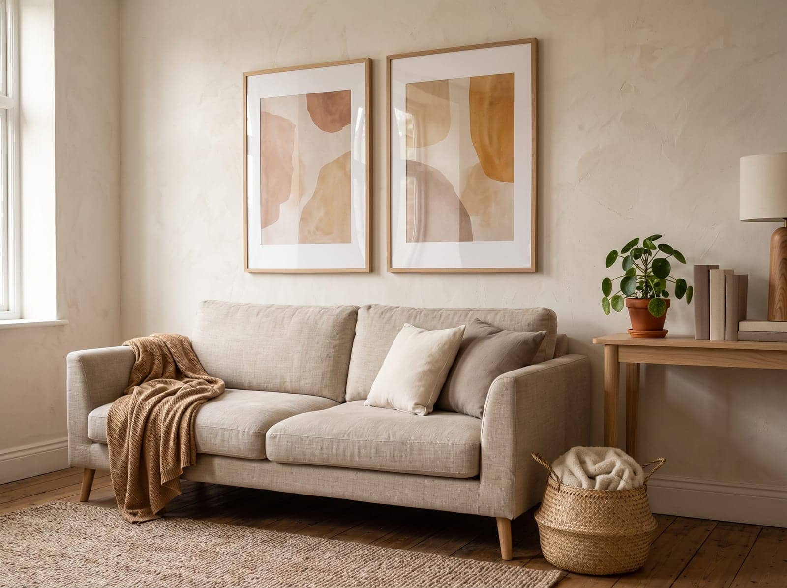 curated gallery wall over a neutral sofa, warm wood frames, soft daylight