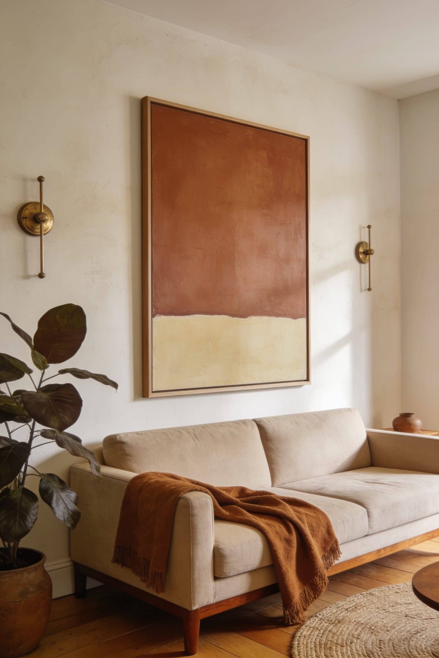 one oversized art piece over a sofa in a warm neutral living room