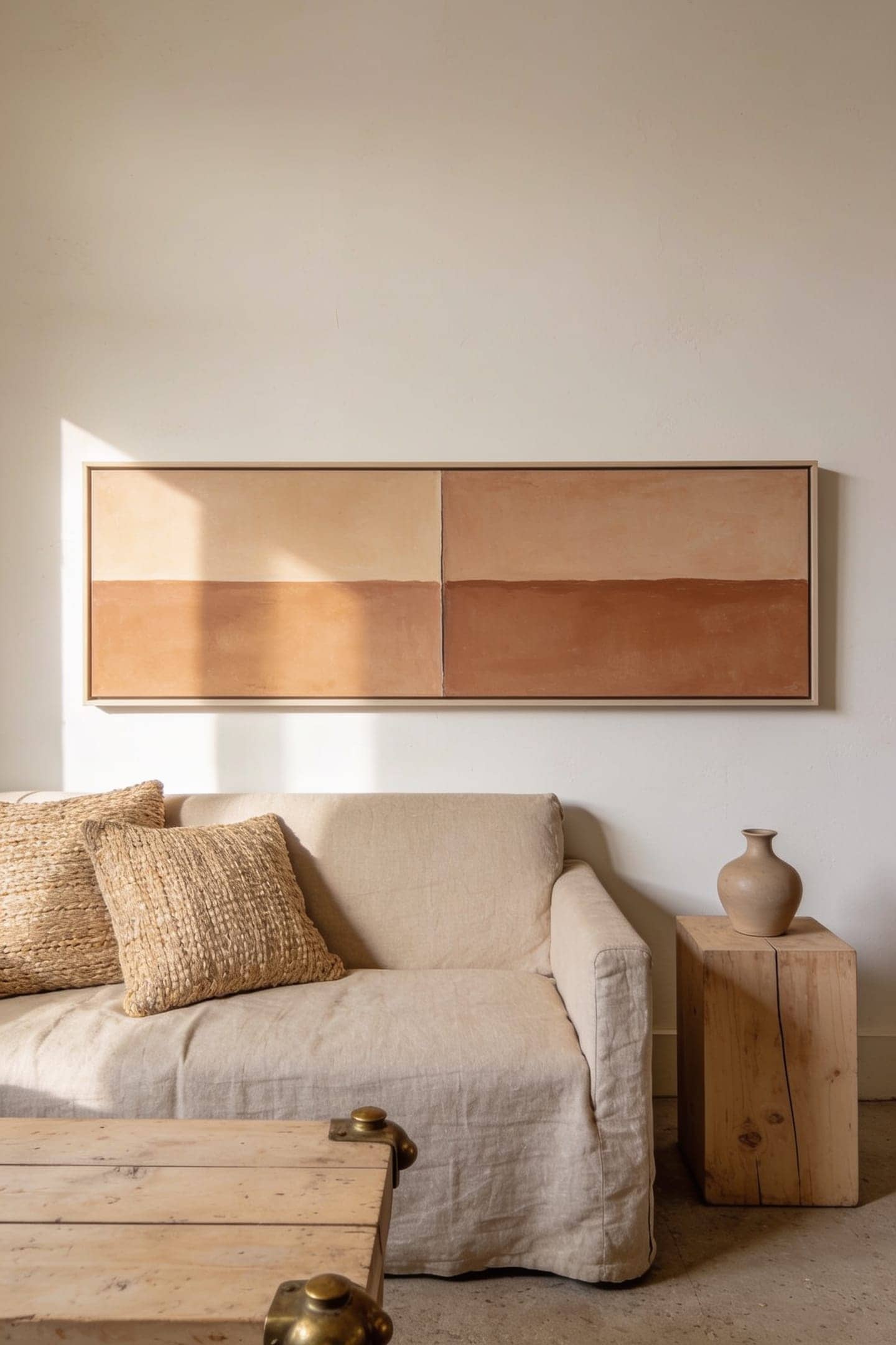 sofa wall anchored by wide art spanning two thirds of the sofa width