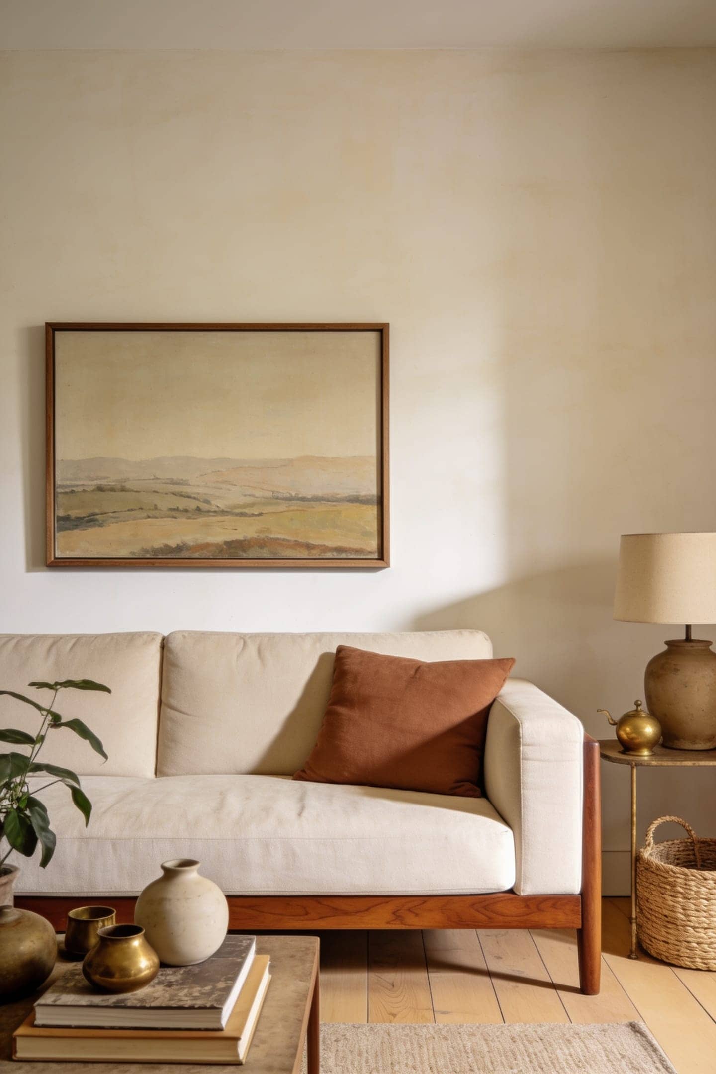 framed art hung at eye level in a living room, correct gallery height
