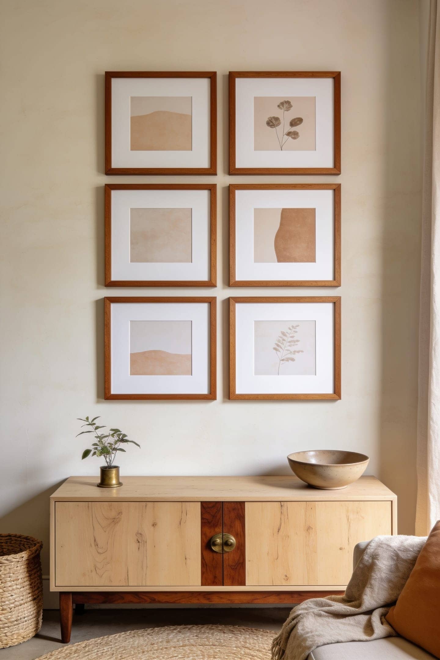 gallery wall with matching warm wood frames and mixed art over a console