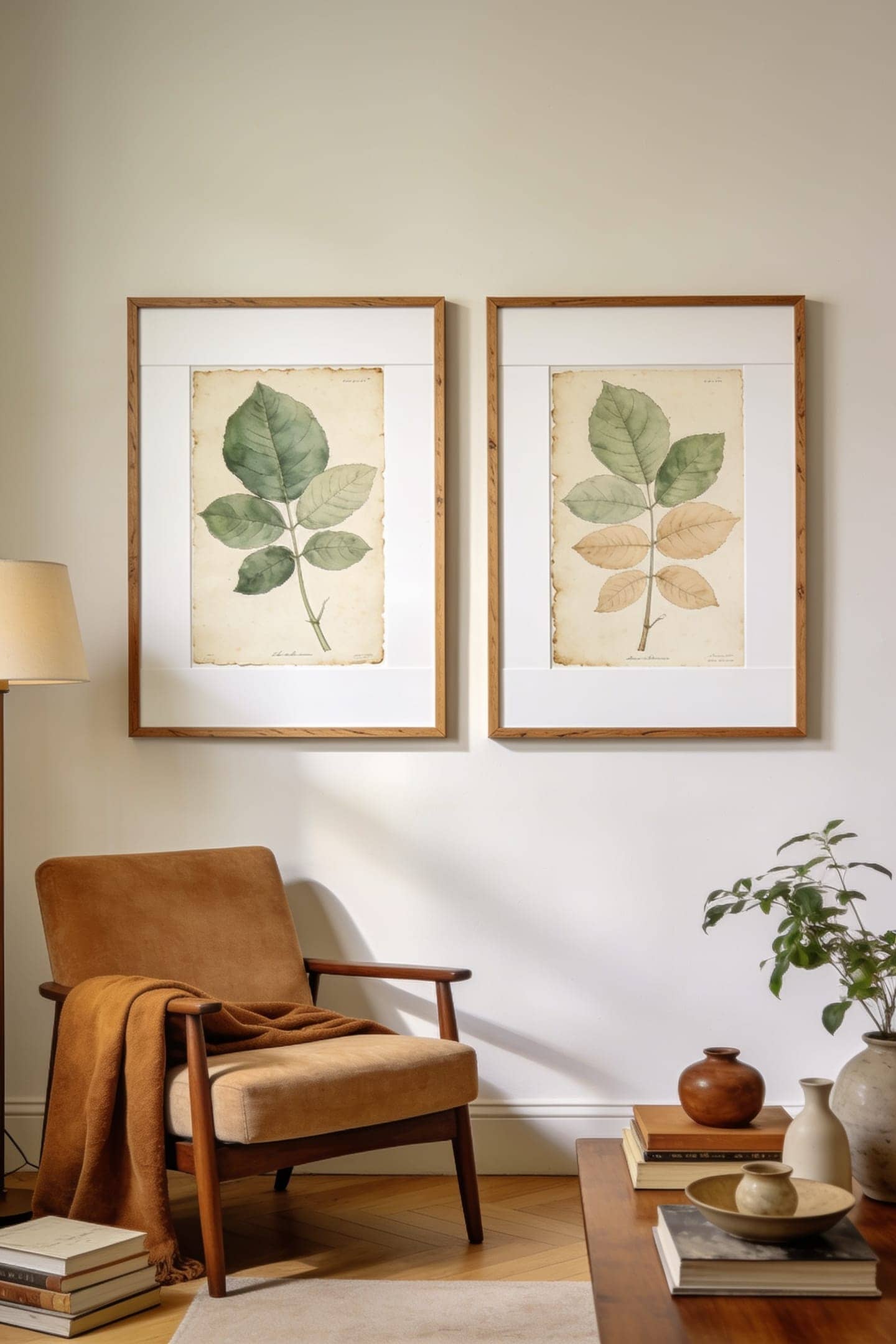 framed vintage book plates and a map in thrifted frames on a living room wall