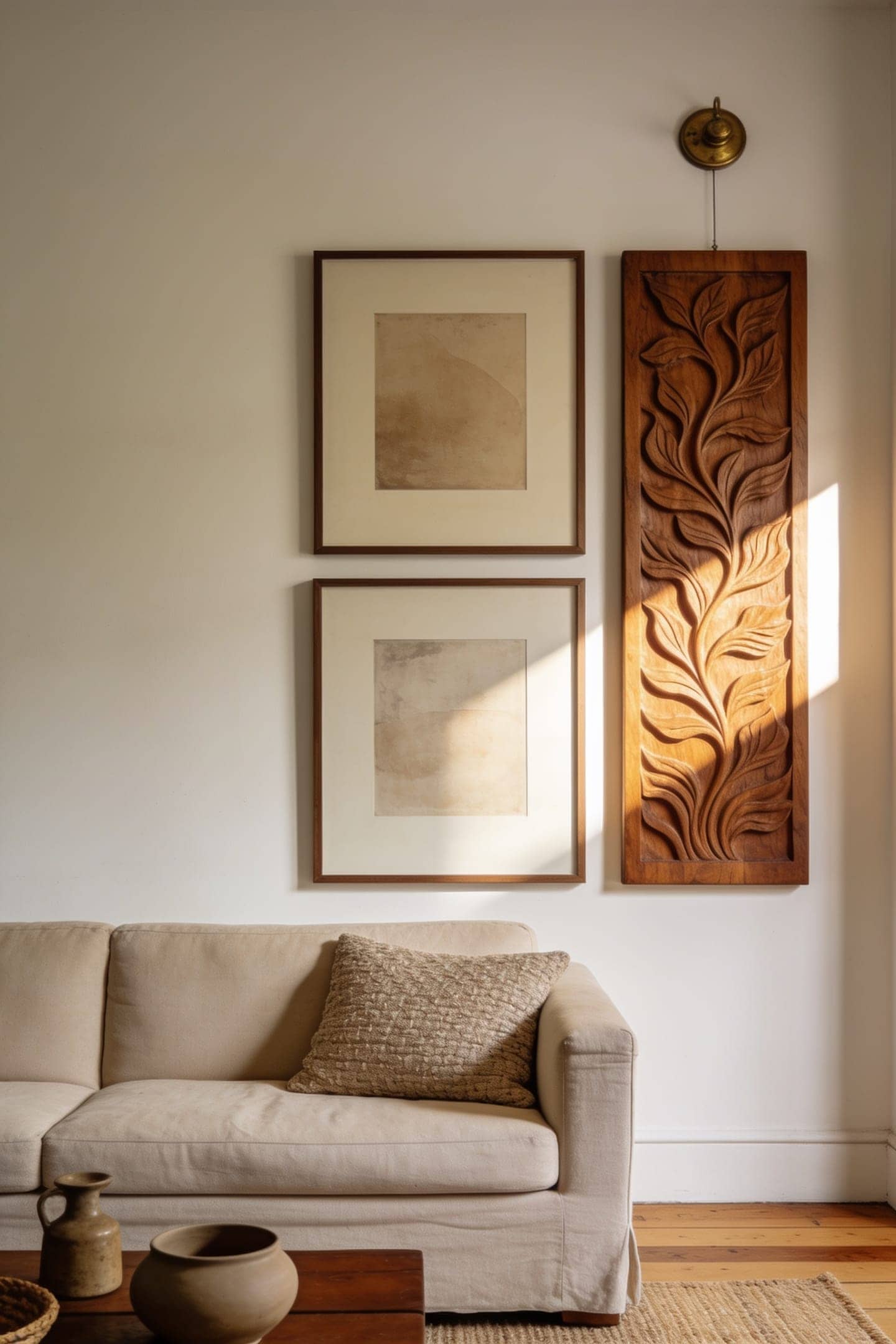carved wood relief piece hung among framed prints on a warm neutral wall