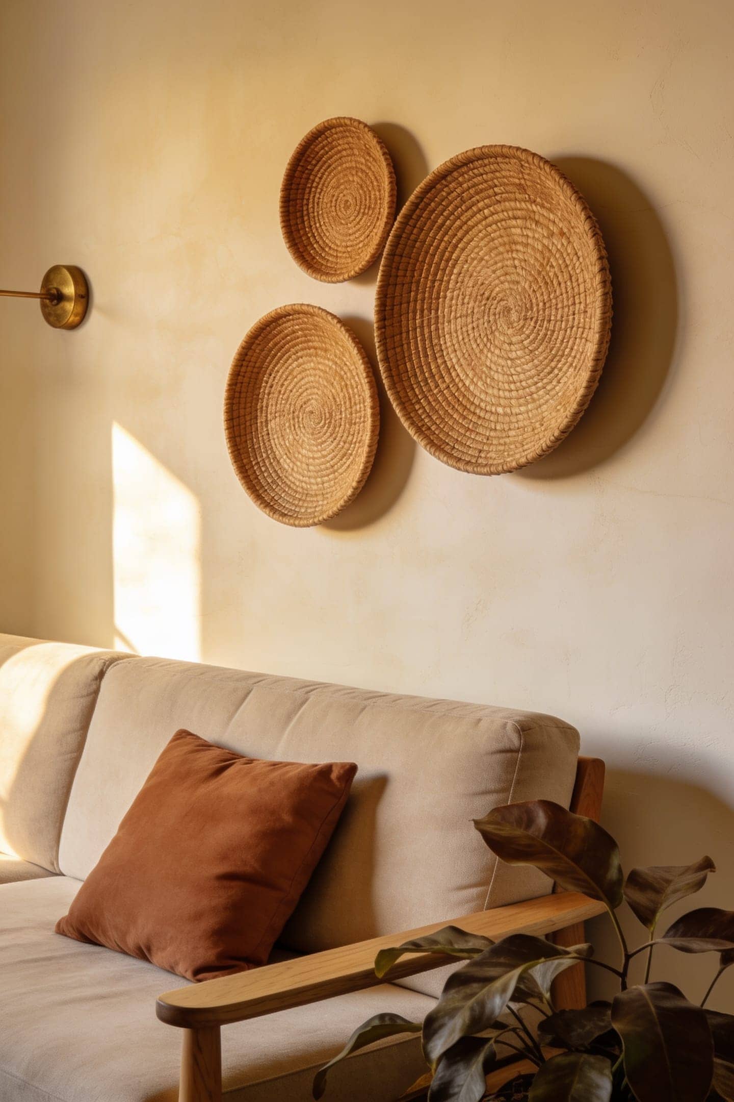 flat woven baskets grouped on a wall beside a neutral sofa