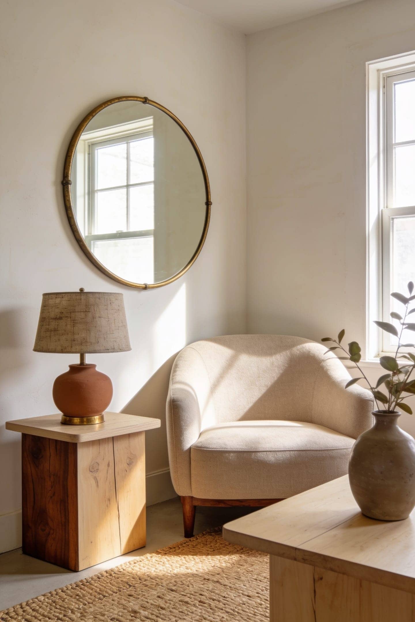 round mirror bouncing window light onto a living room wall