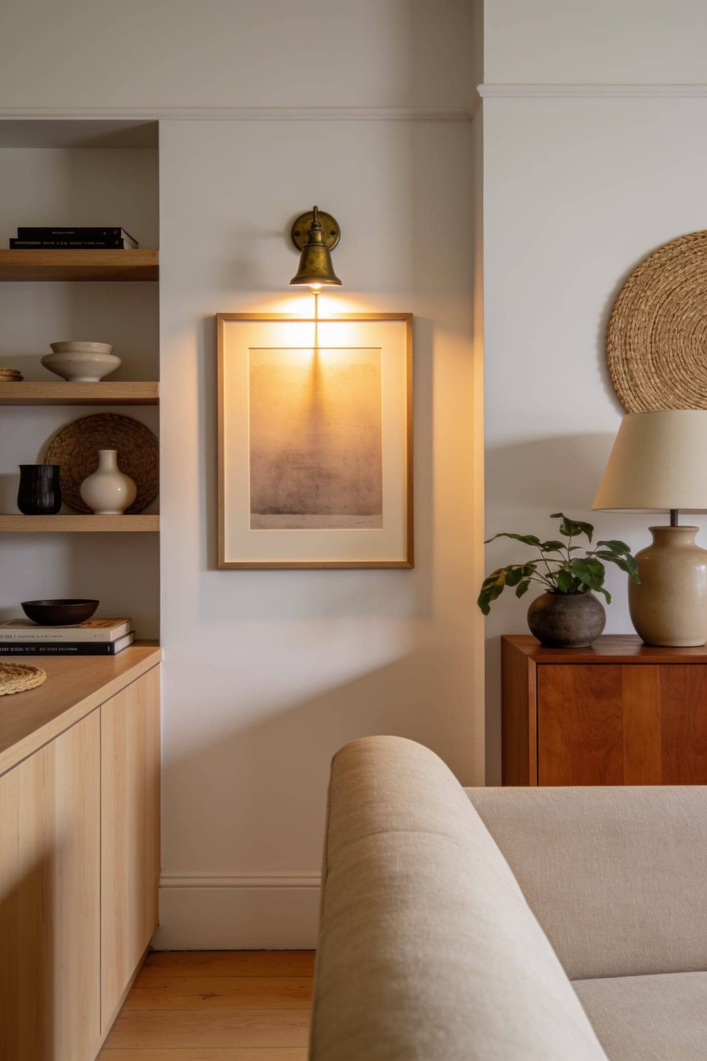 small brass picture light glowing over framed art at dusk