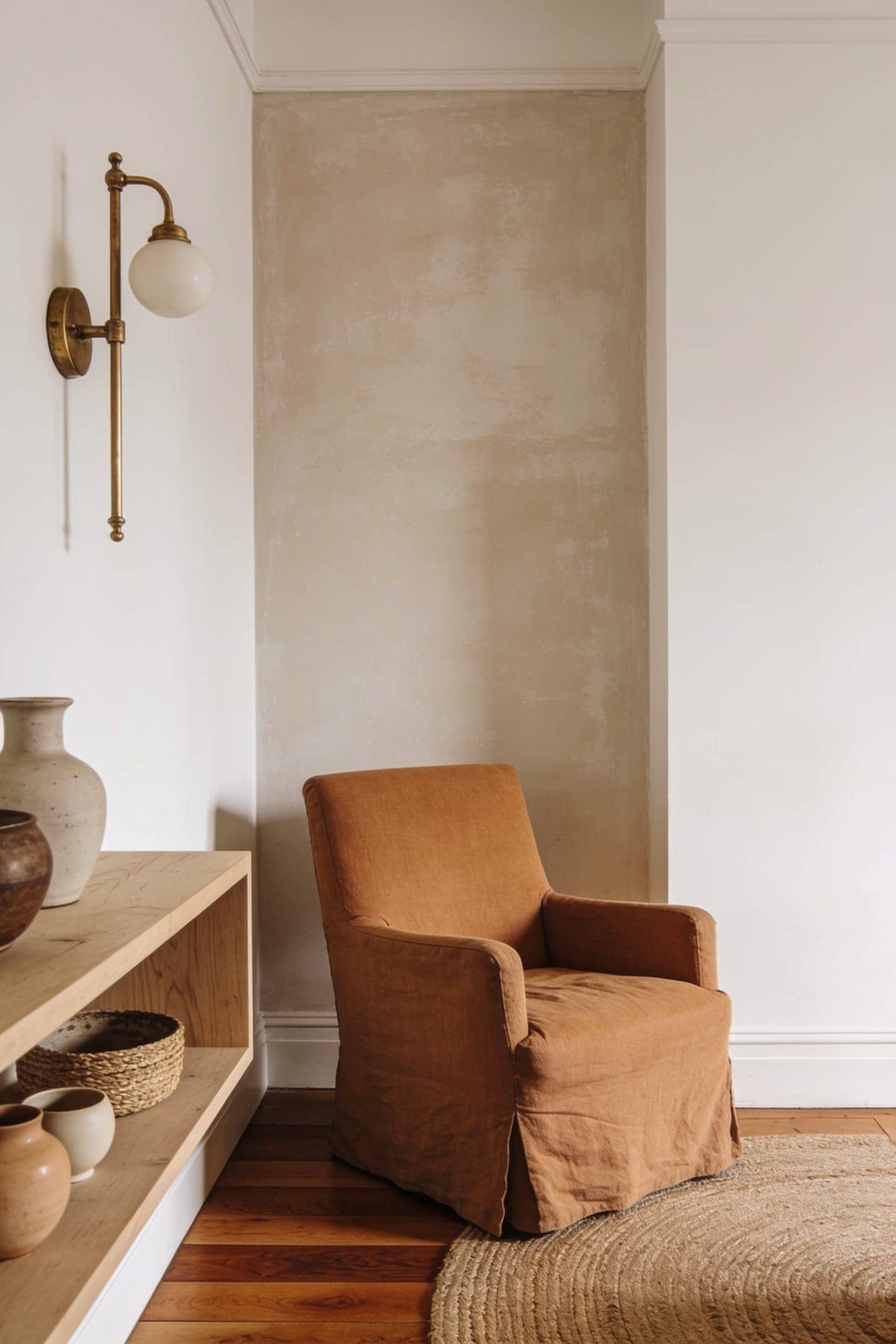 limewash look peel and stick wallpaper behind a living room shelf and chair