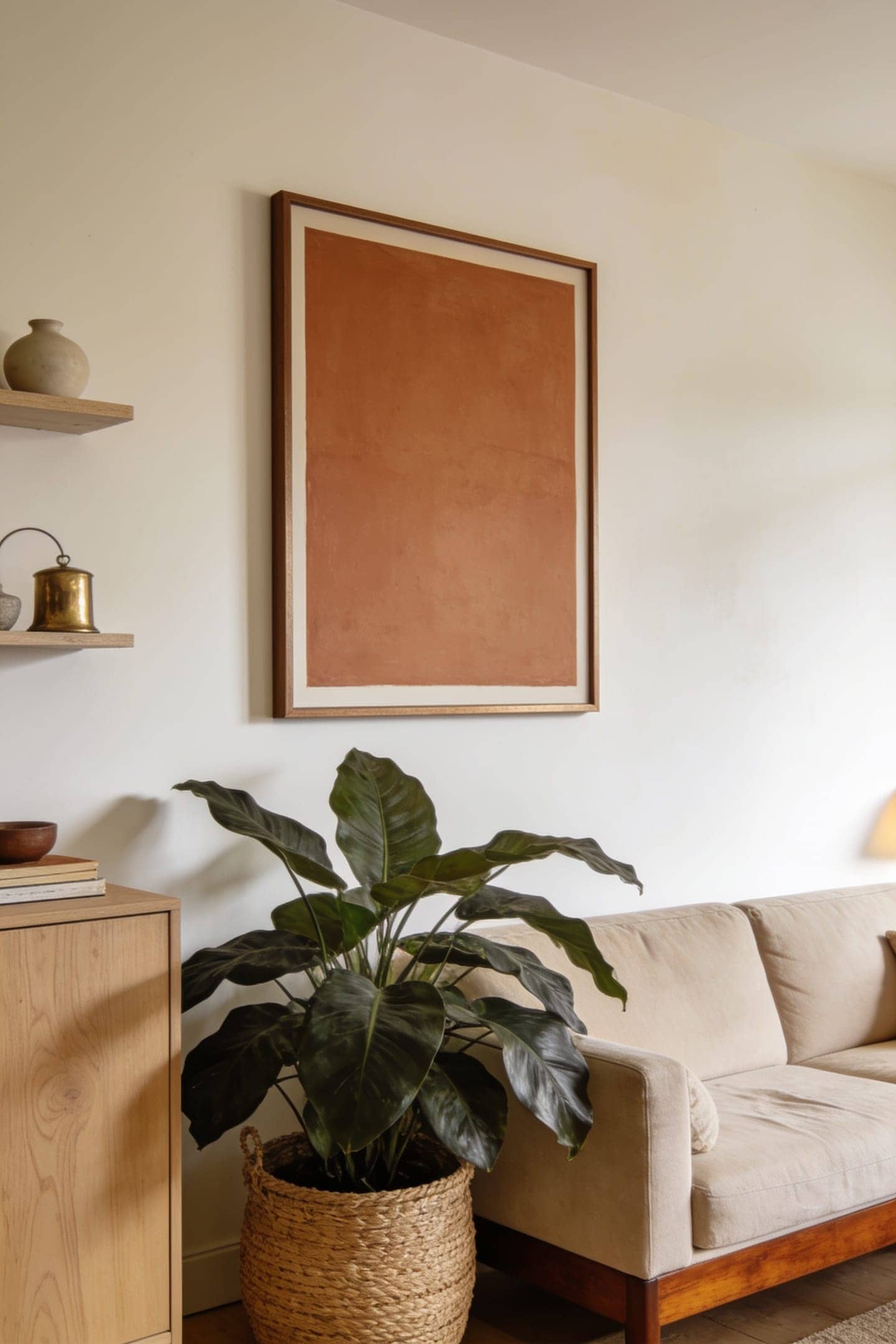 living room wall with one strong art piece and generous negative space