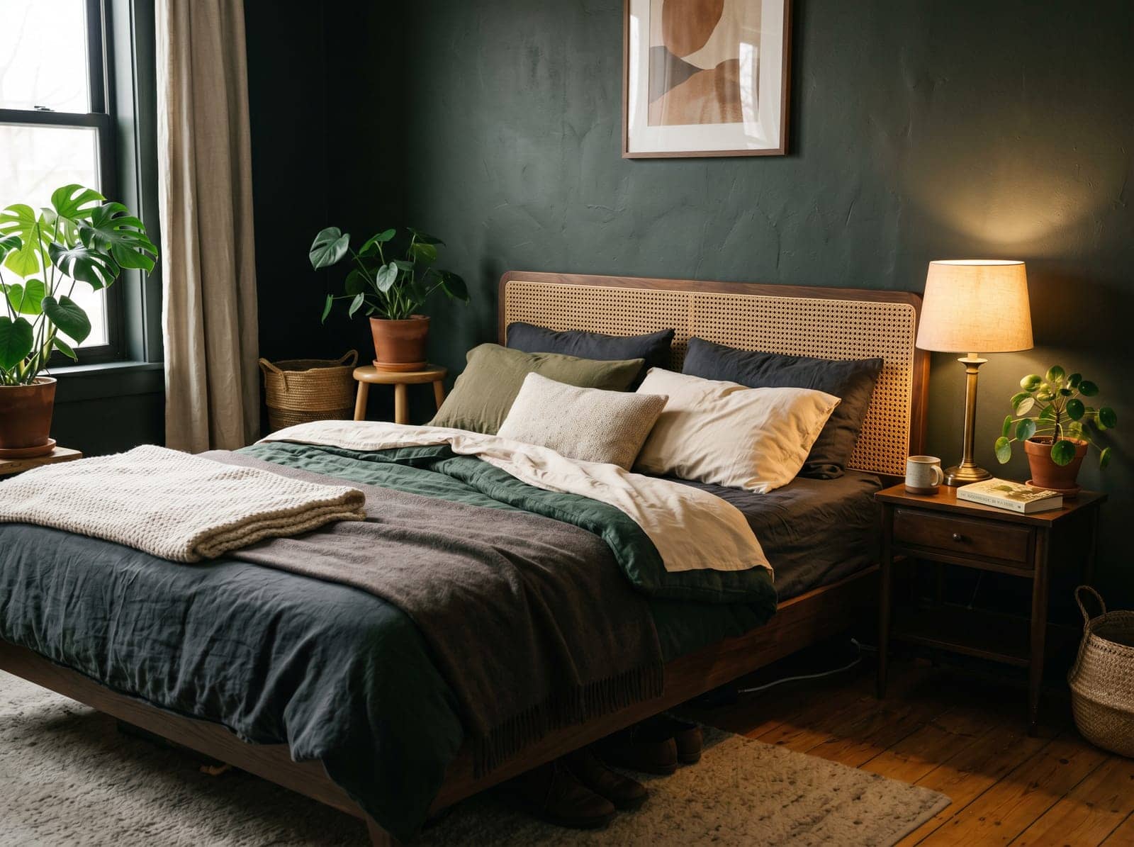 moody bedroom in deep charcoal green, warm lamp glow at night
