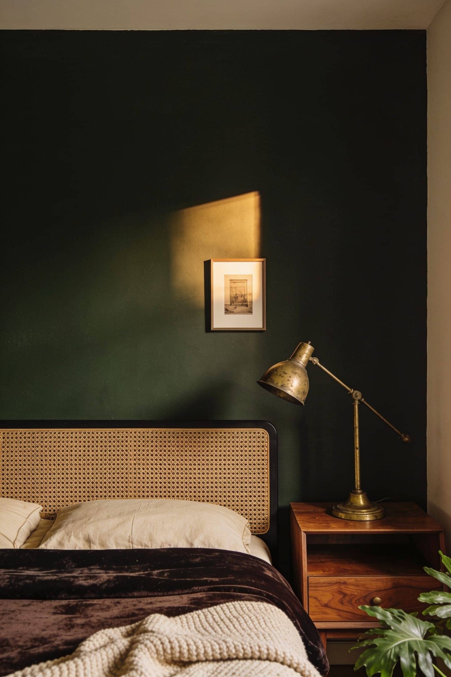deep charcoal green and chocolate brown paint swatches on a bedroom wall