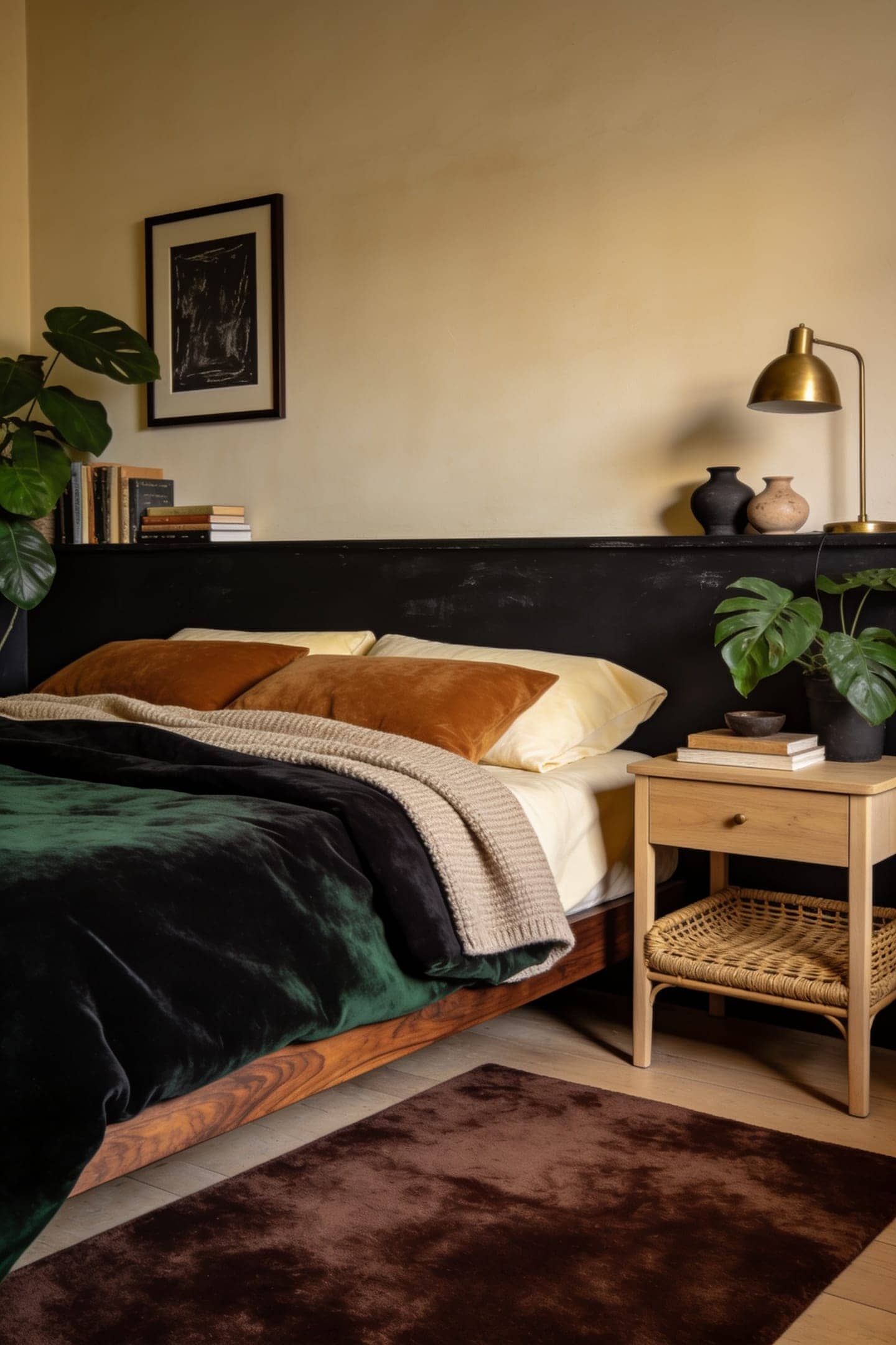 moody charcoal bedding layered on a bed in a light room