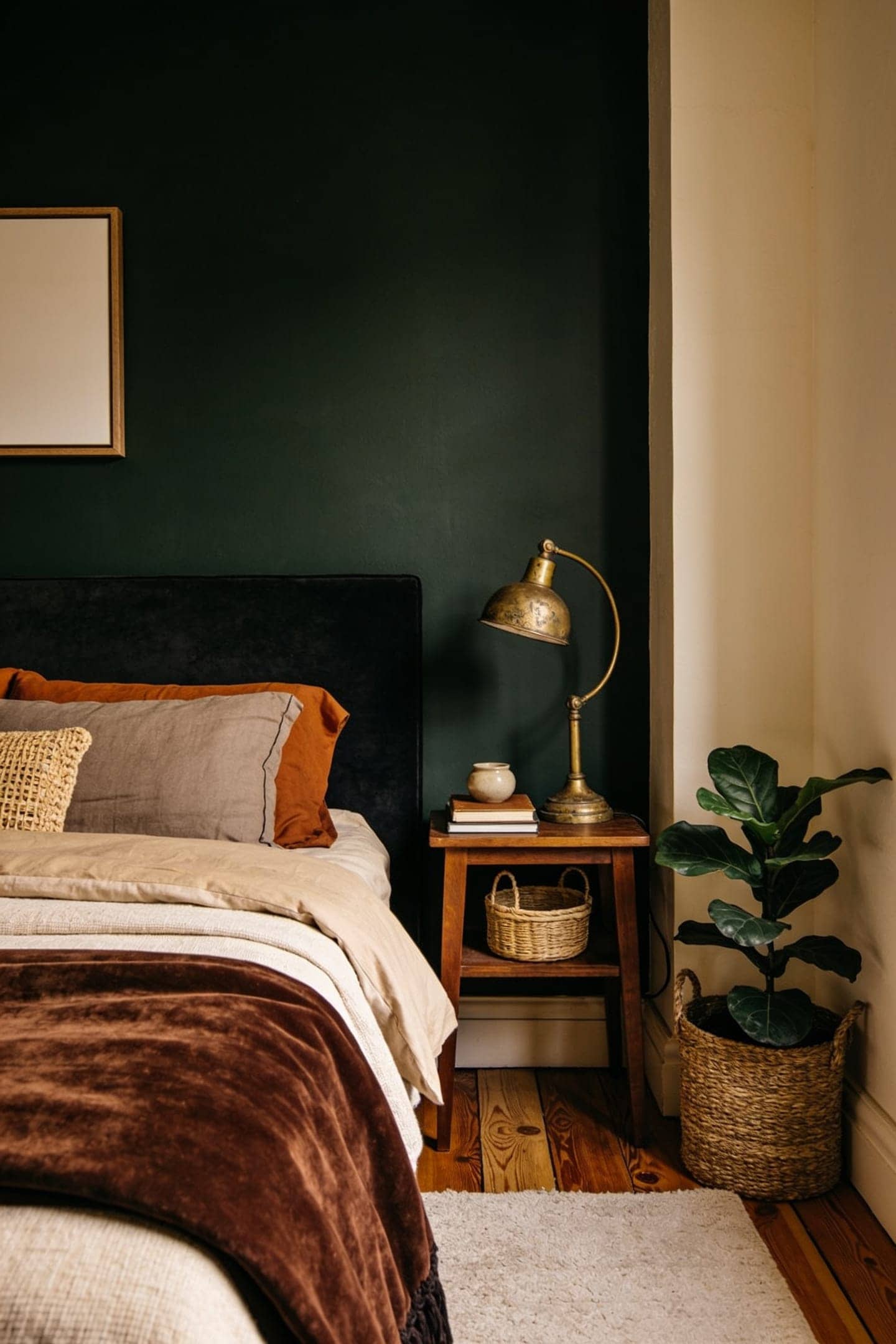 dark accent wall behind a bed, rest of room light