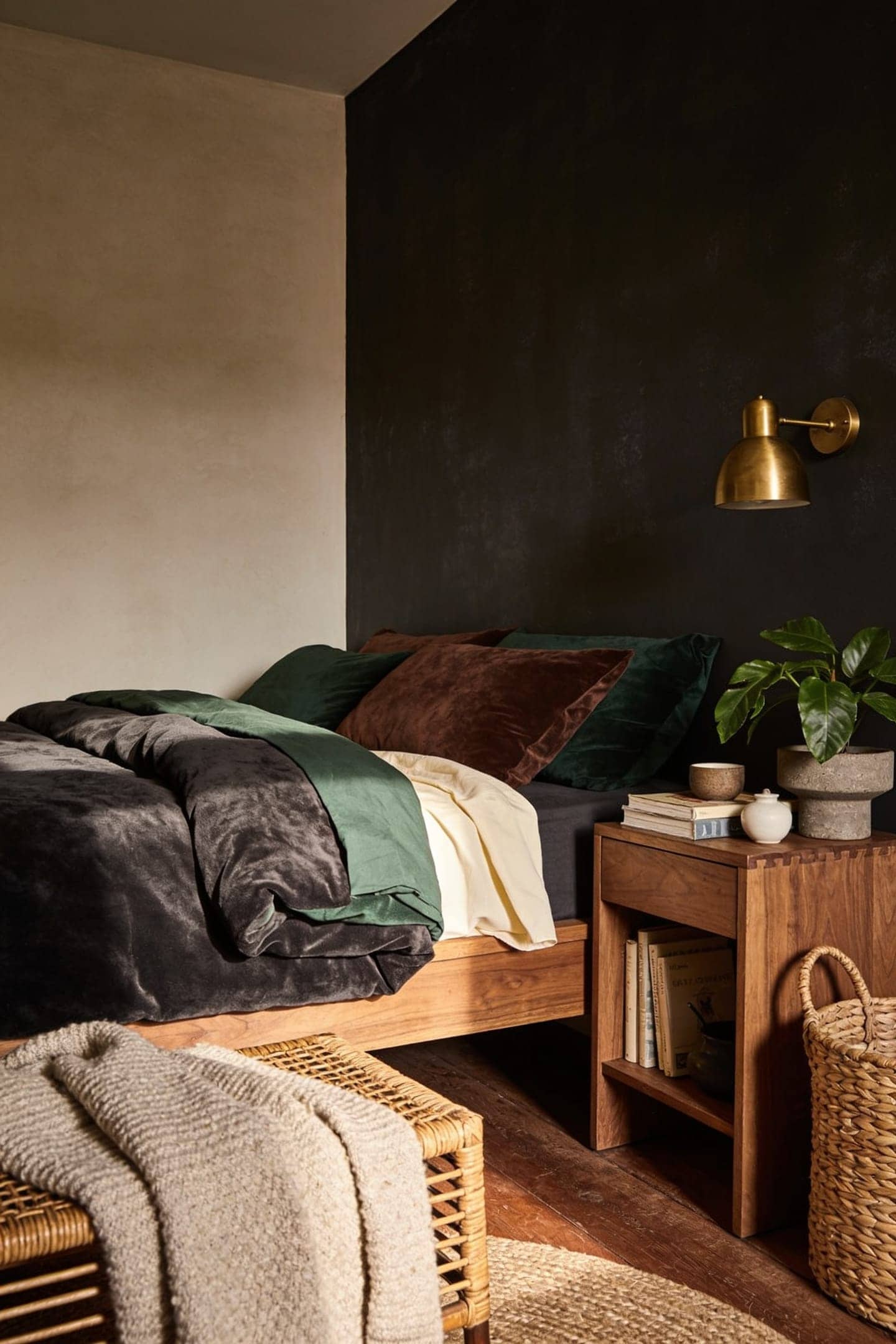 dark layered bedding, the clear hero of the room