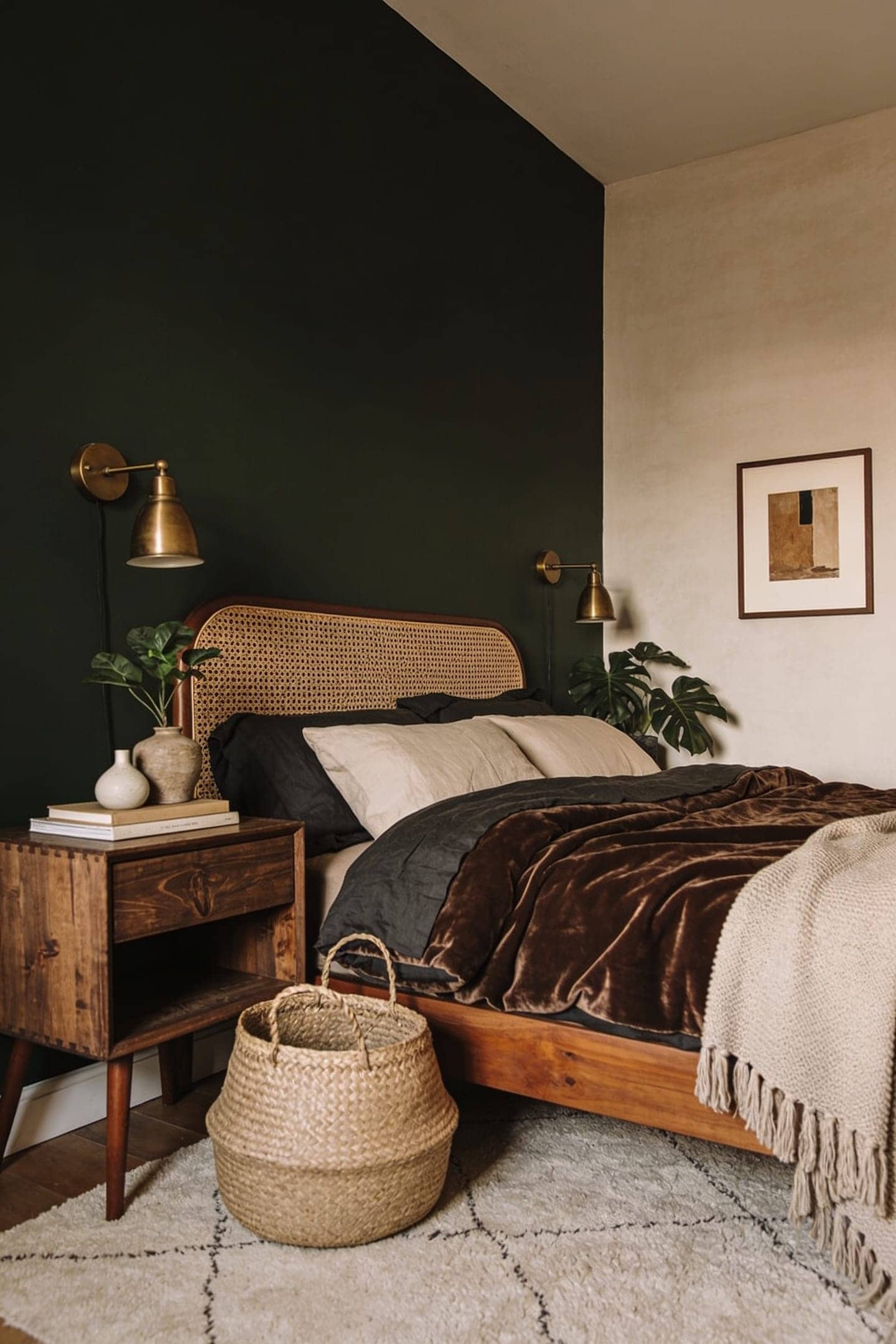 walnut nightstand and cane against a dark wall