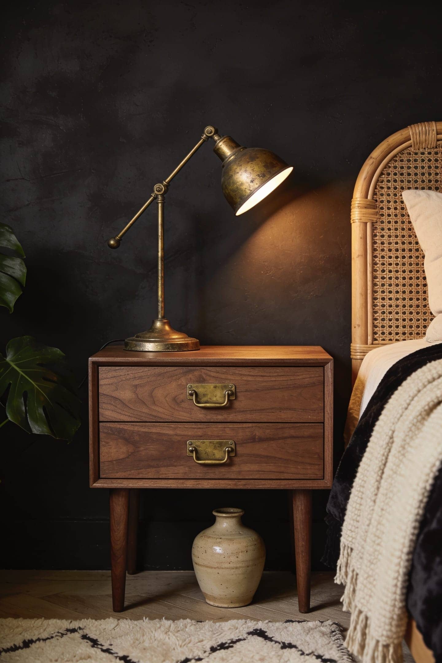 aged brass lamp and bronze hardware against dark walls