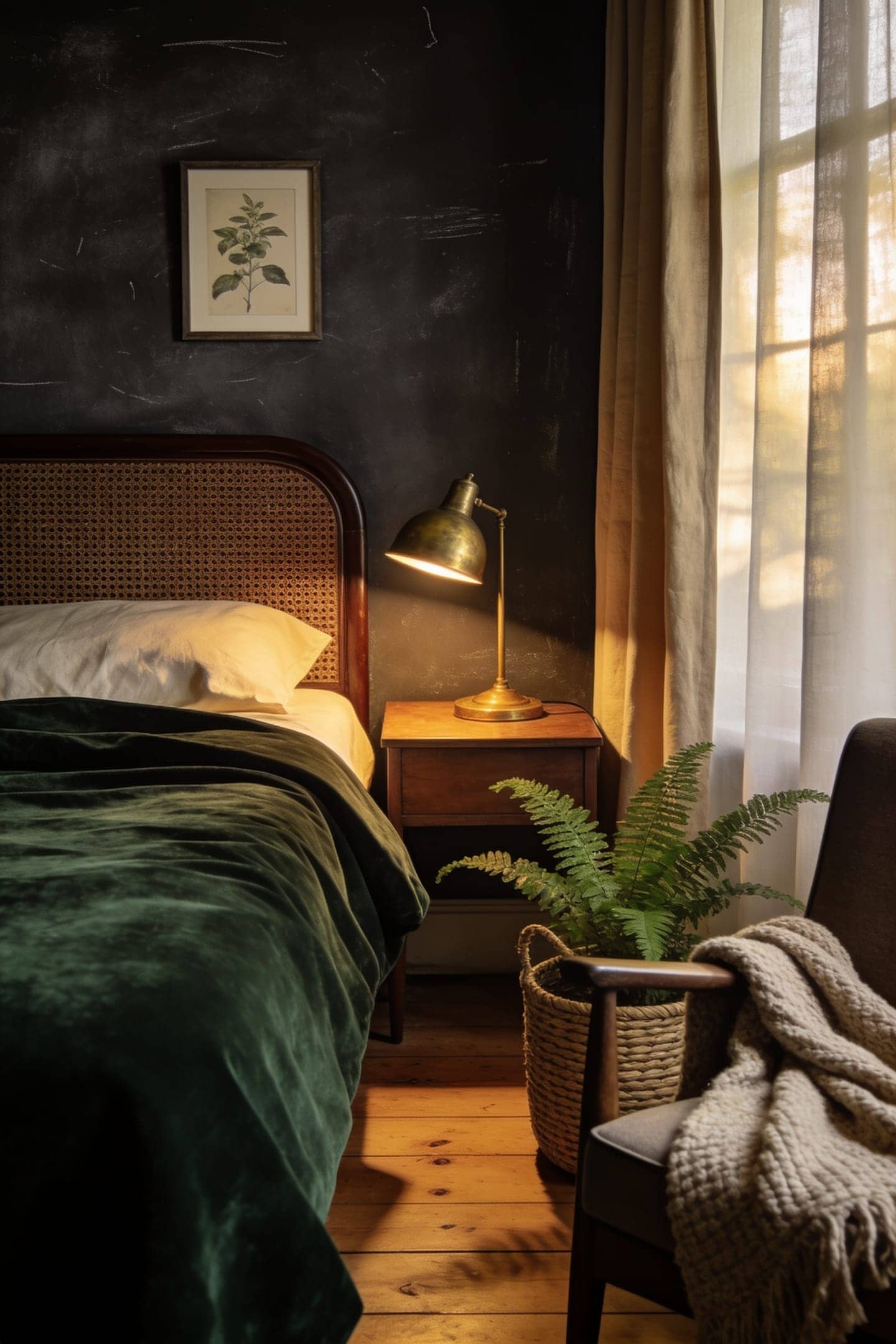 warm bedside lamp glowing low against a dark wall
