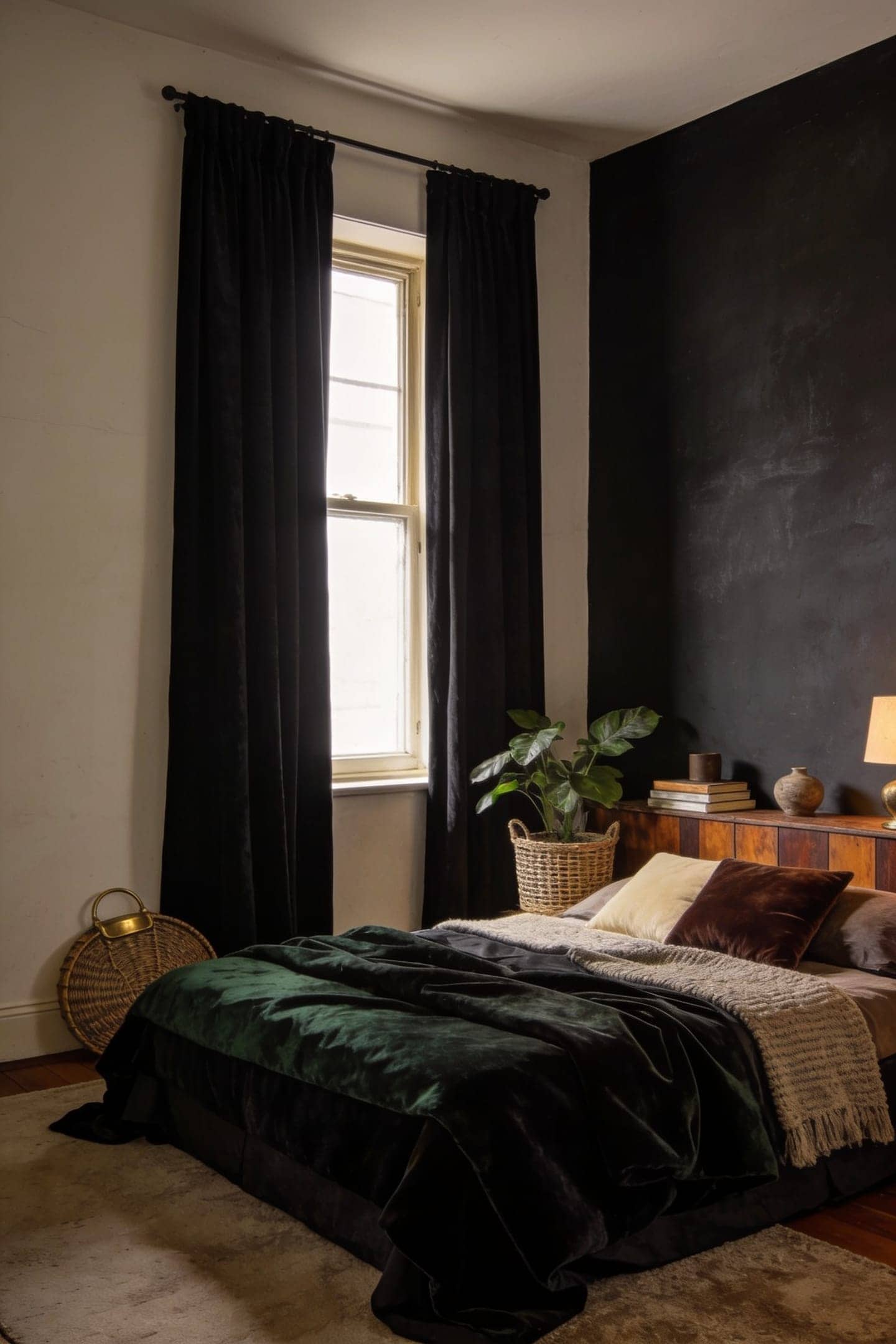 long dark curtains framing a bedroom window