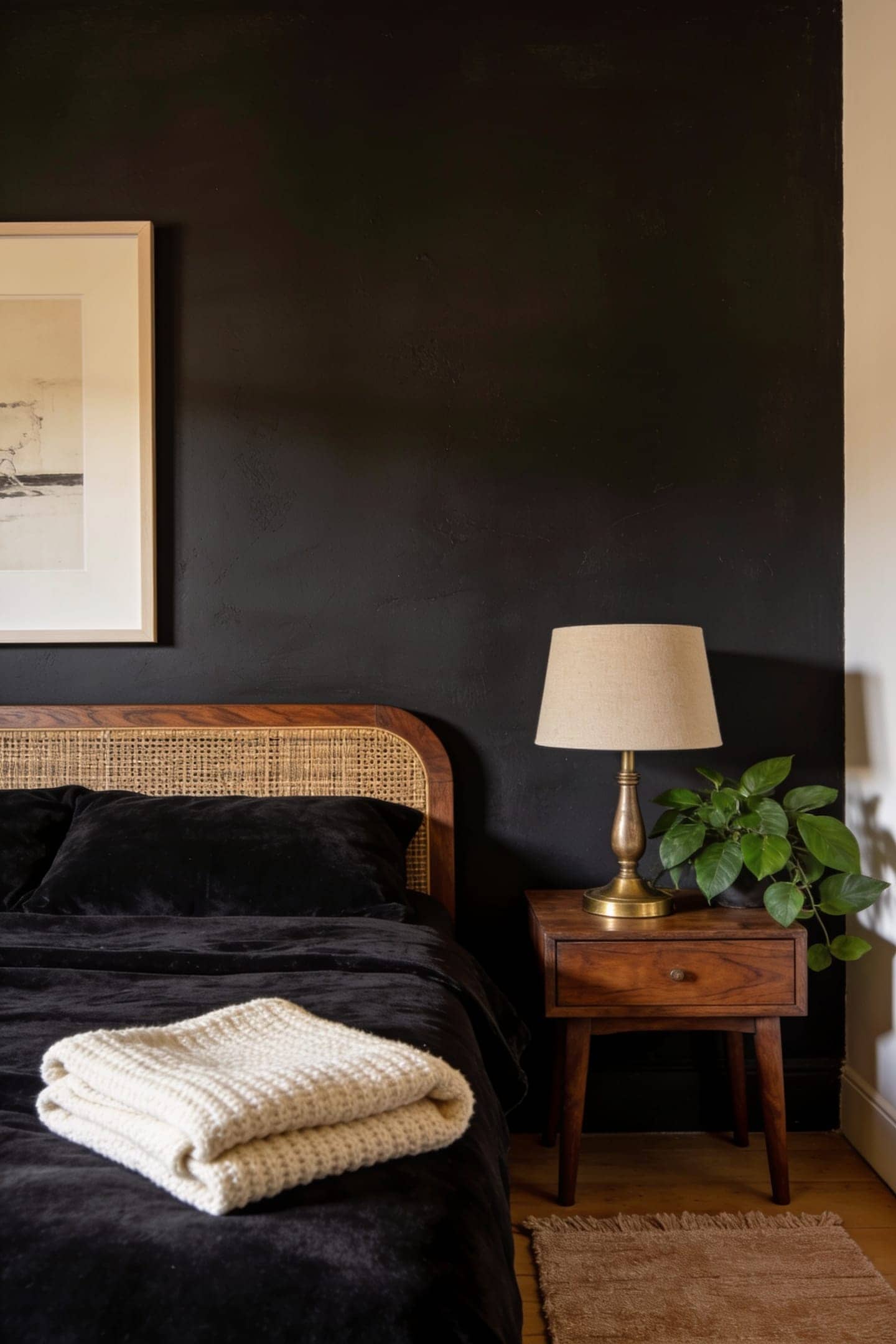 cream throw and pale art lifting a dark bedroom