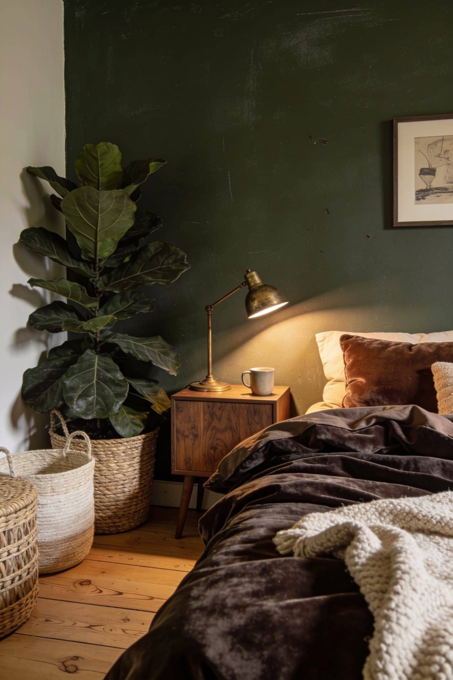 large leafy plant standing against a dark bedroom wall