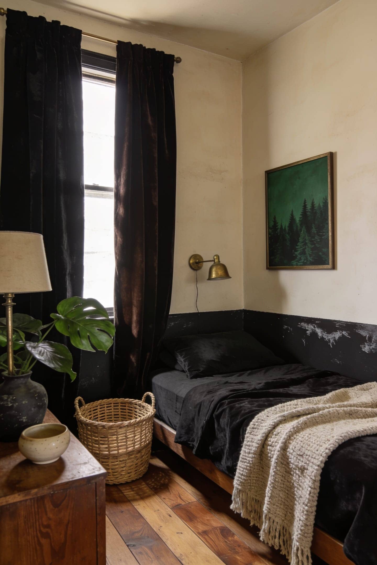 moody bedroom with dark bedding and curtains, walls left light