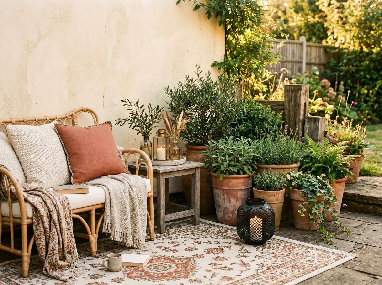 styled patio with a rug, plants and lanterns at golden hour