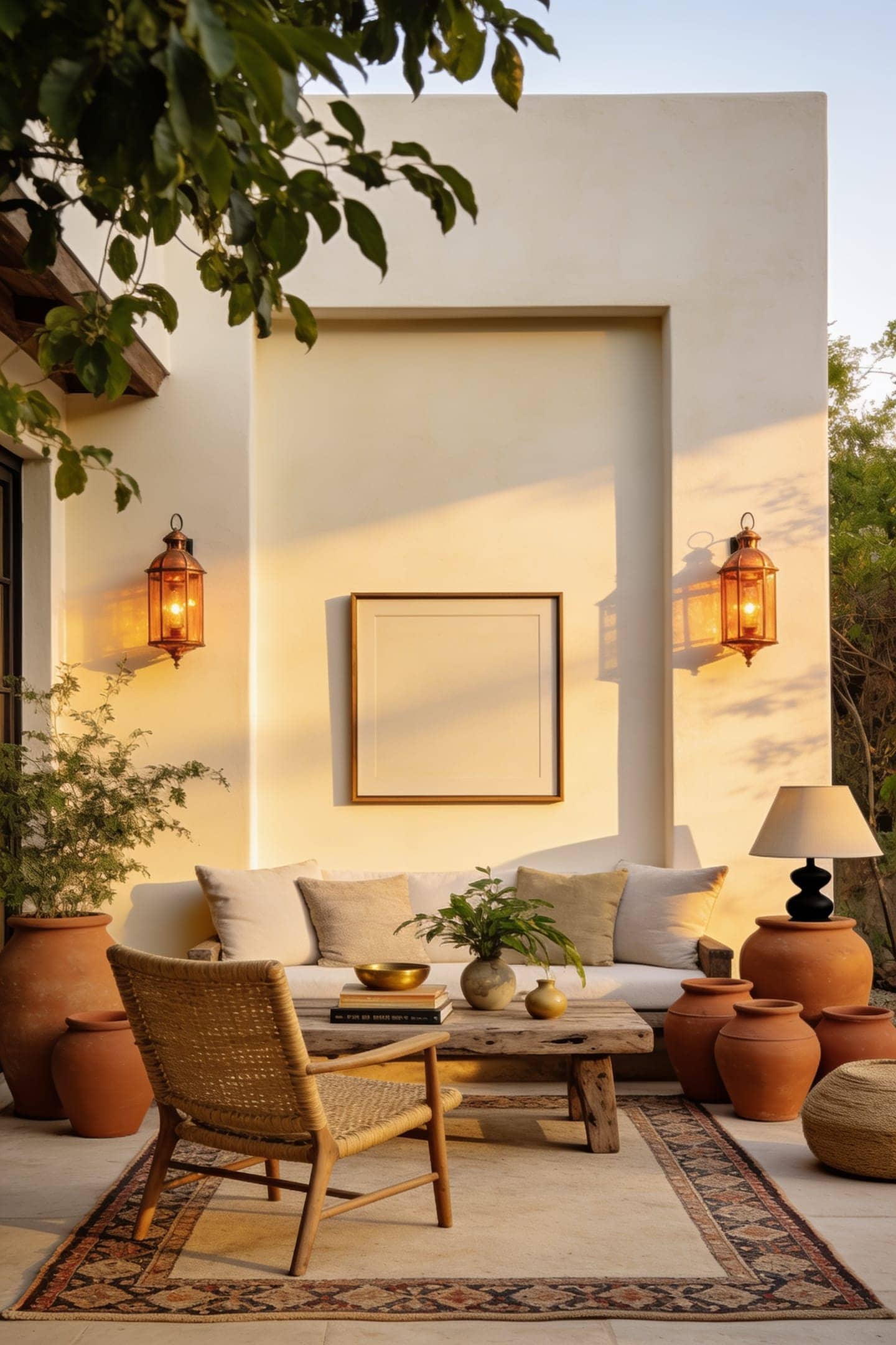 outdoor rug grounding a small patio seating area