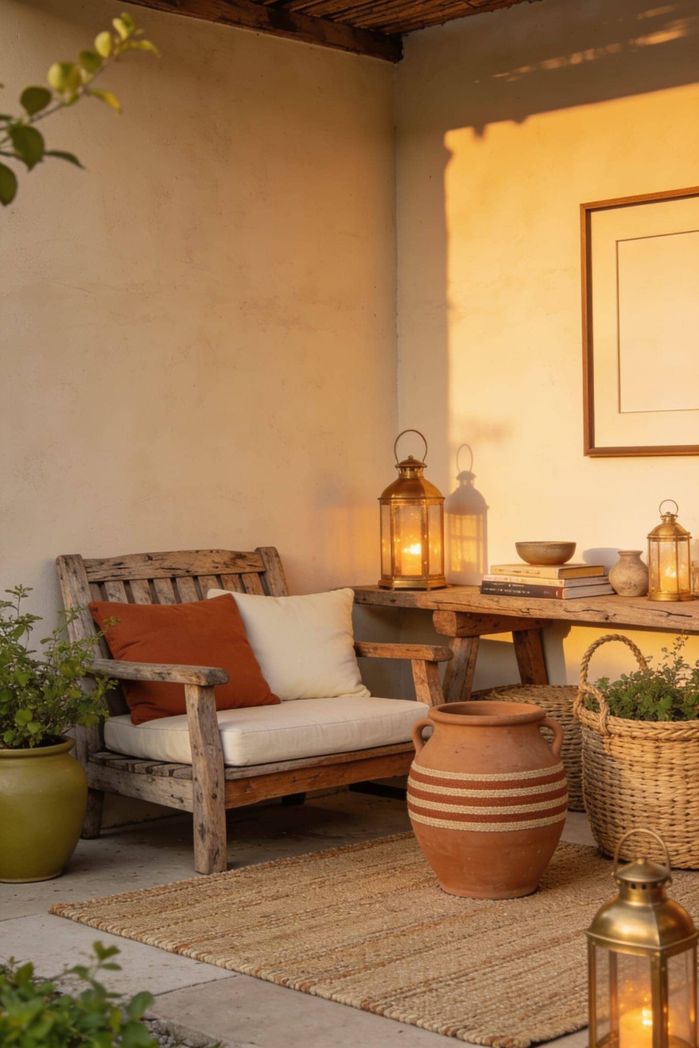 patio styled in terracotta, cream and olive