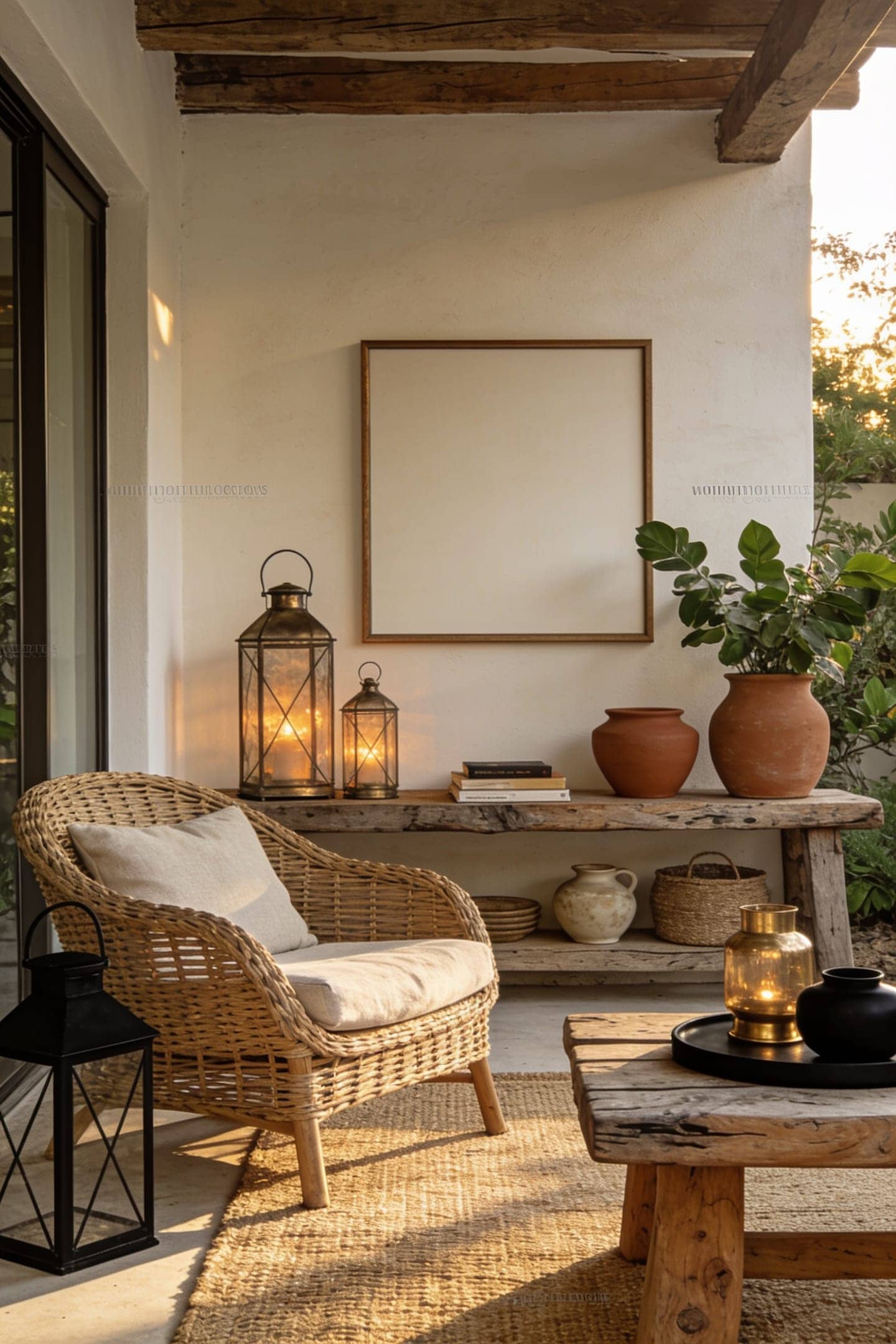 rattan, linen and wood textures mixed on a patio