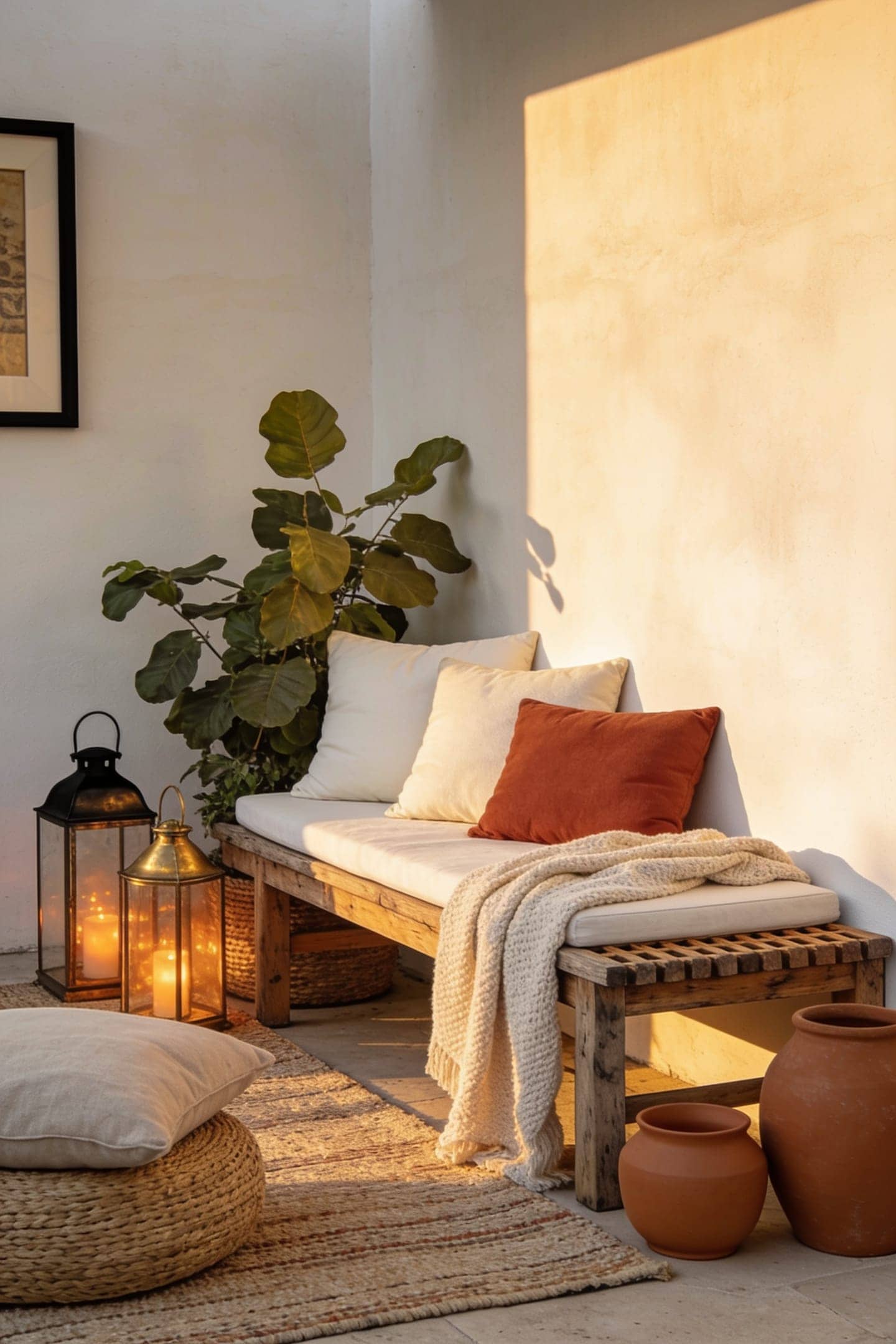 outdoor pillows and a throw layered on patio seating