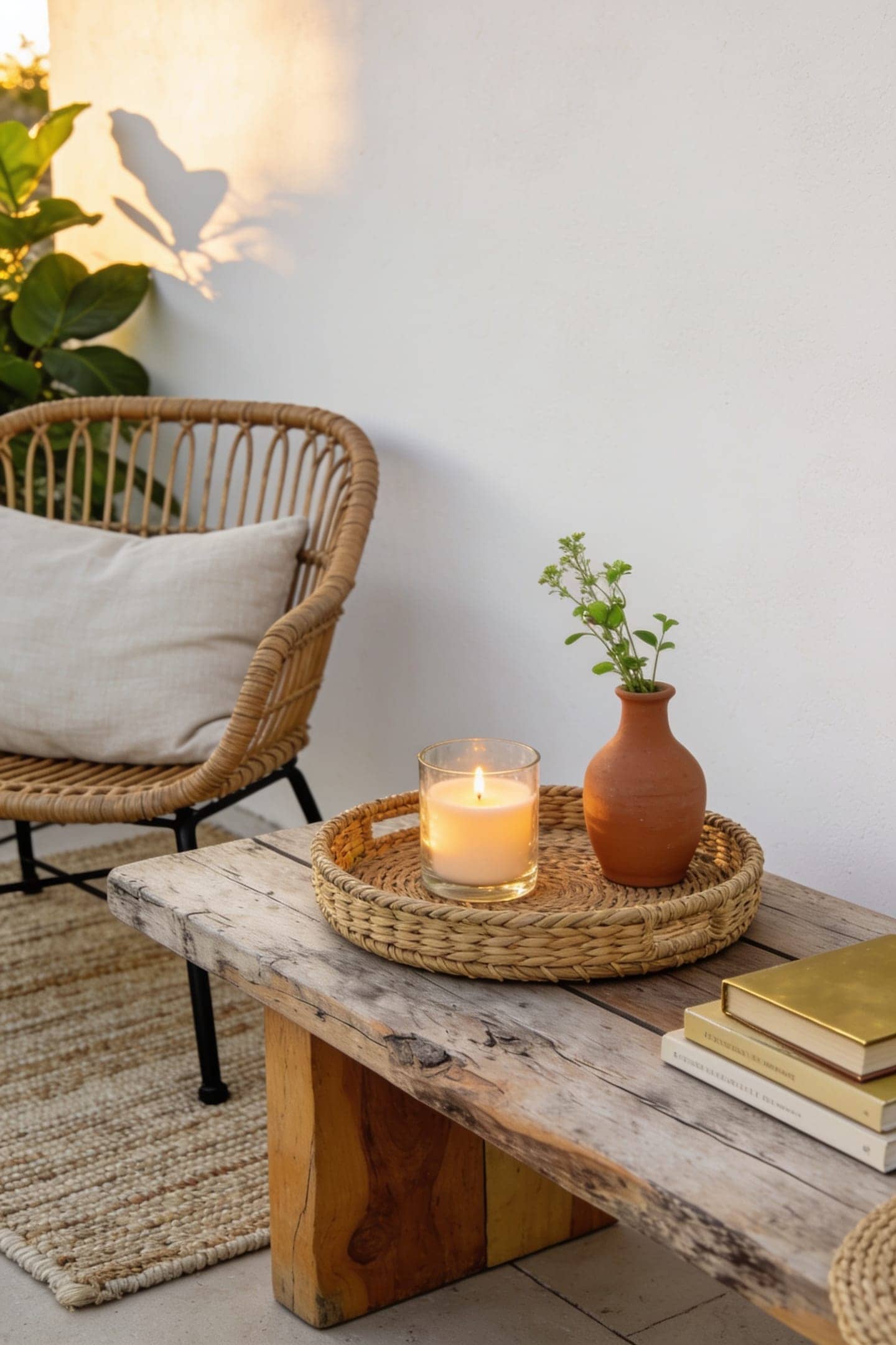 styled patio tray with candle, book and small vase