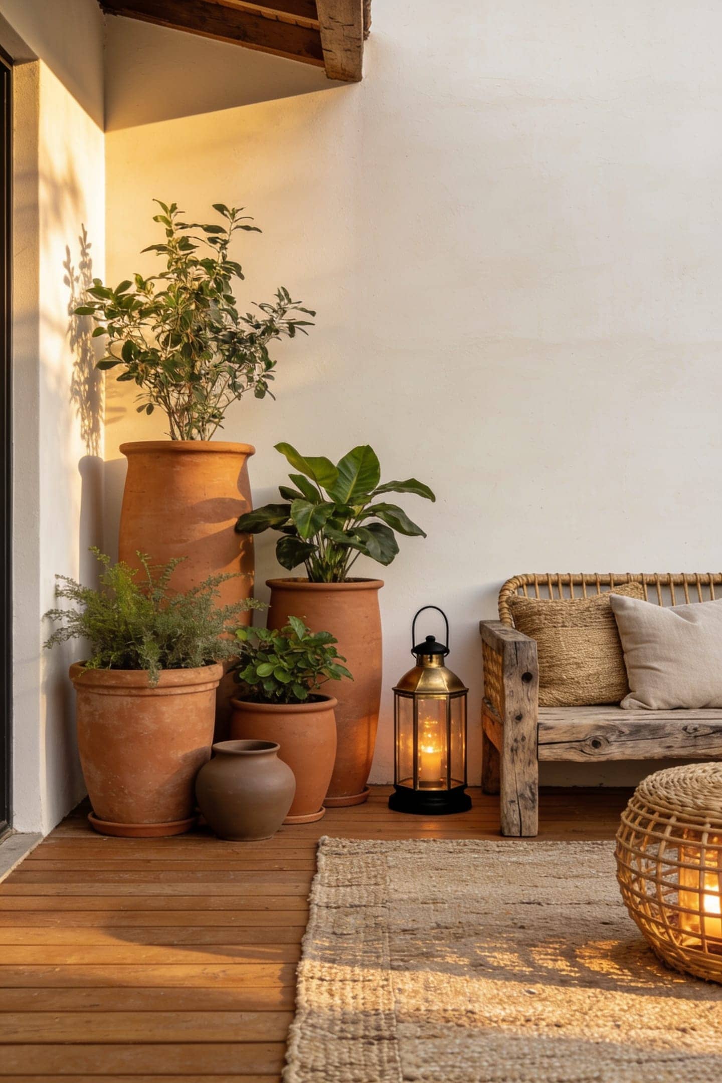 cluster of matching terracotta planters on a patio
