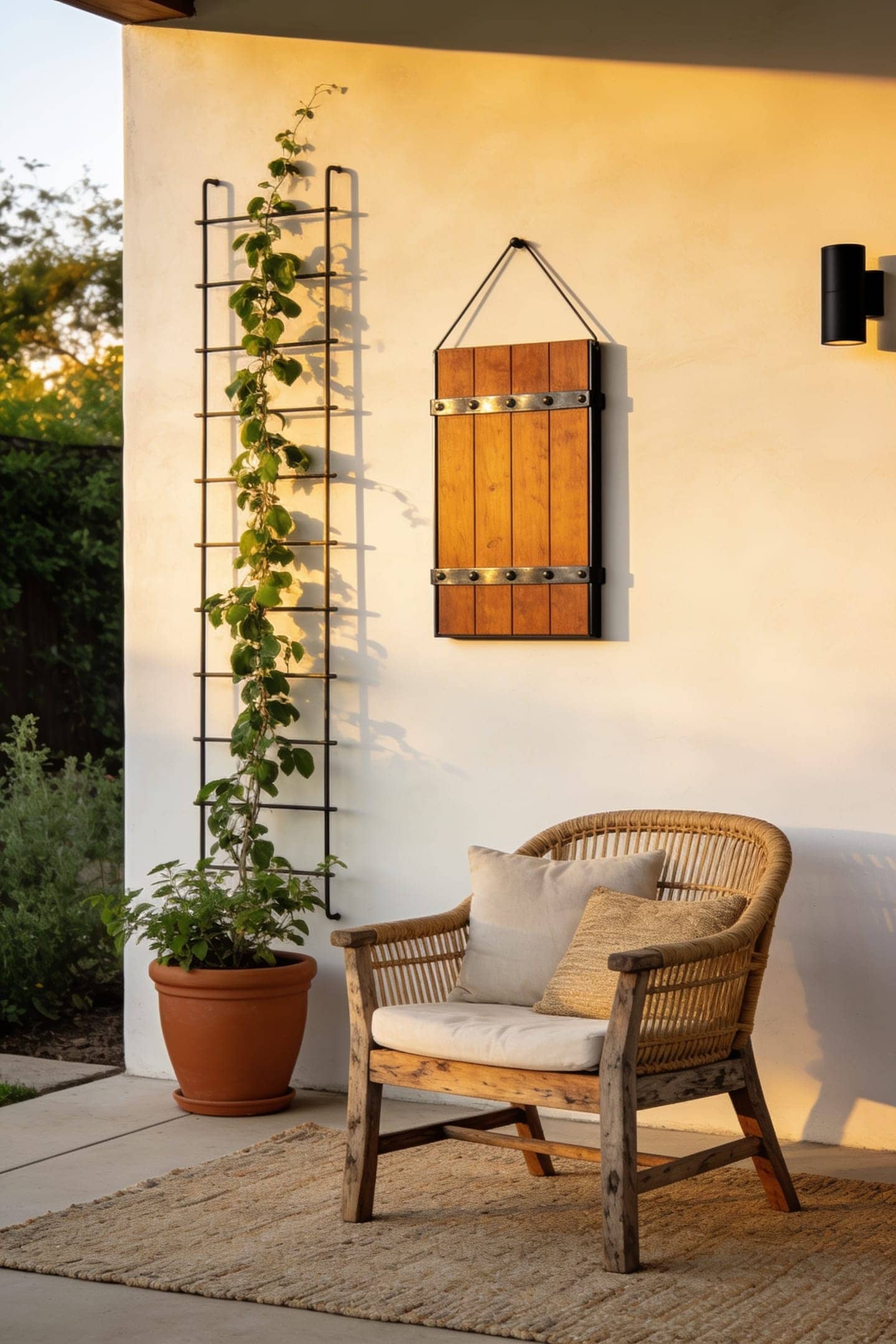 outdoor wall art and trailing plant on a patio fence