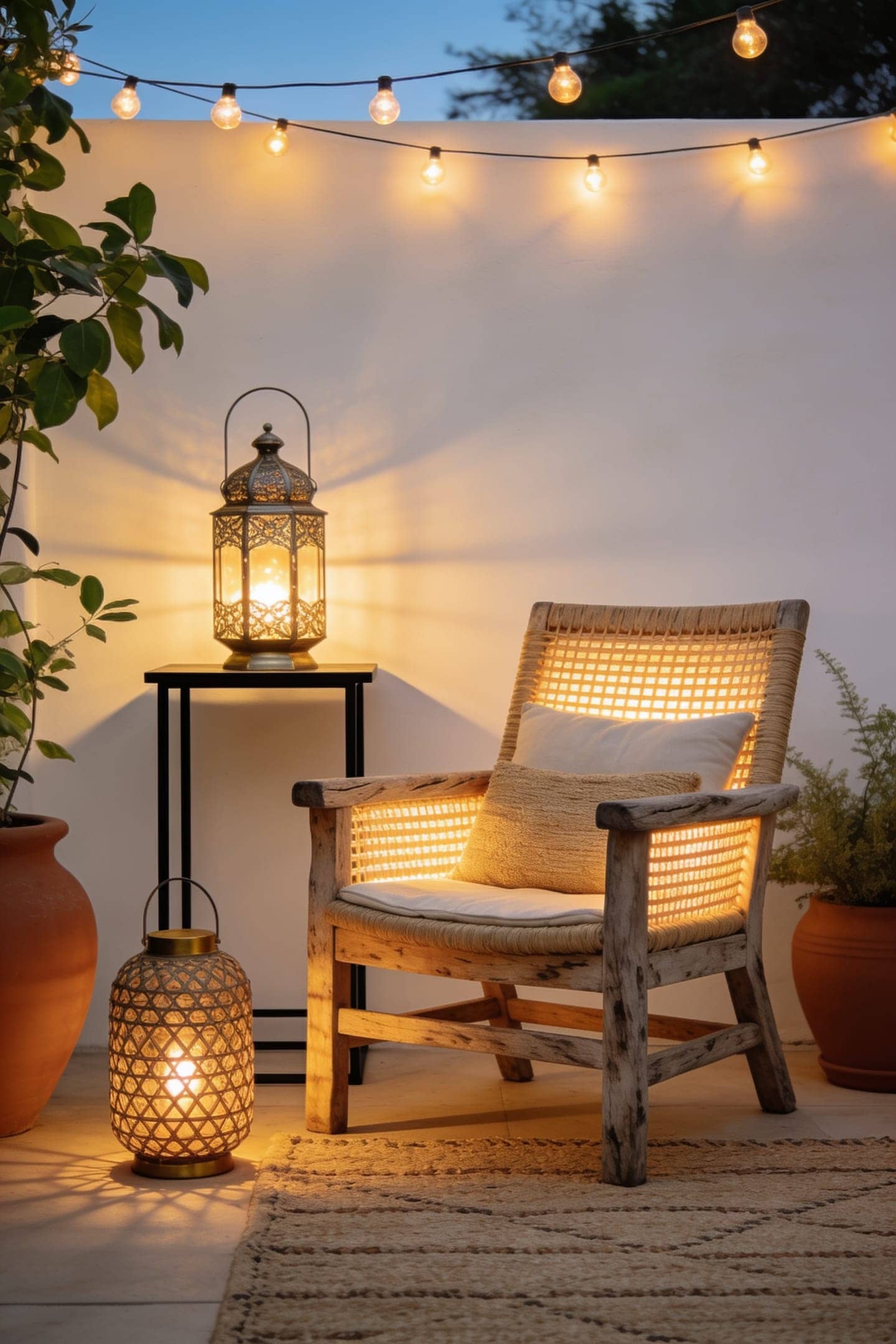 patio glowing with string lights, lantern and candles at dusk