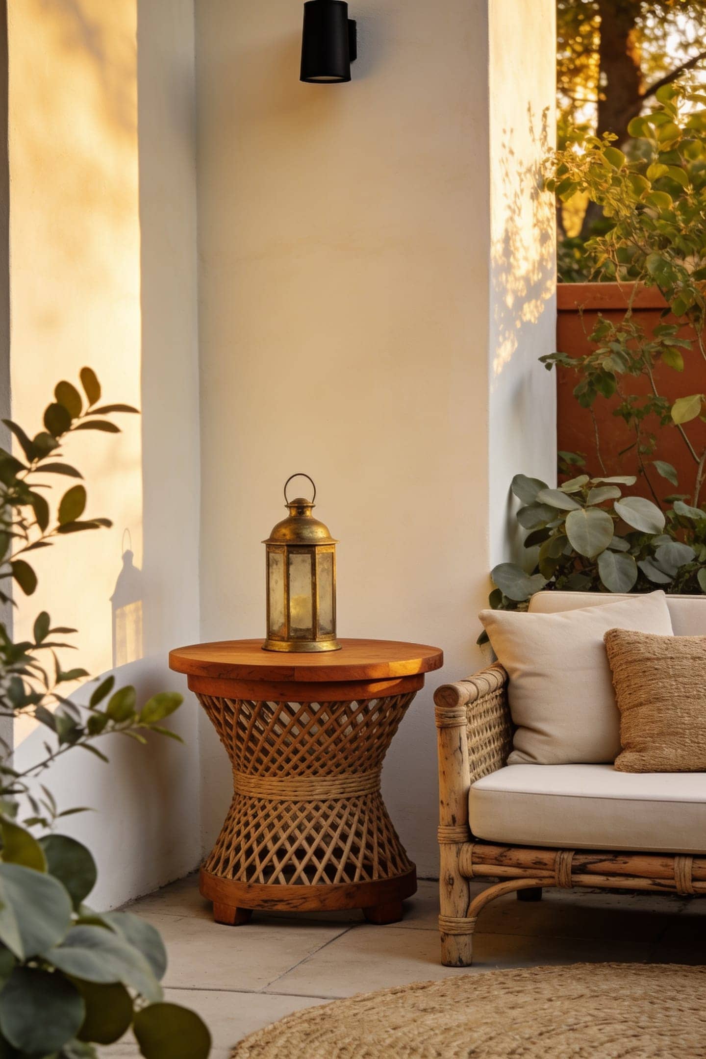 warm wood stool and aged brass accent on a patio