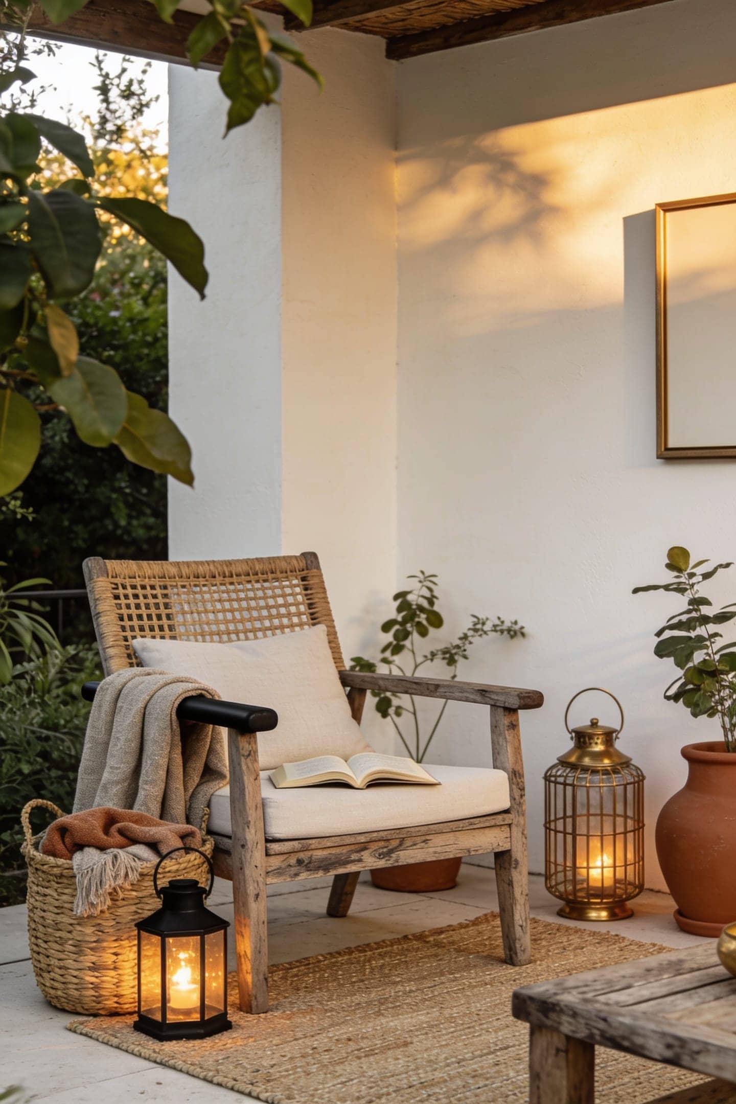 cozy patio with throw, basket and open book at golden hour
