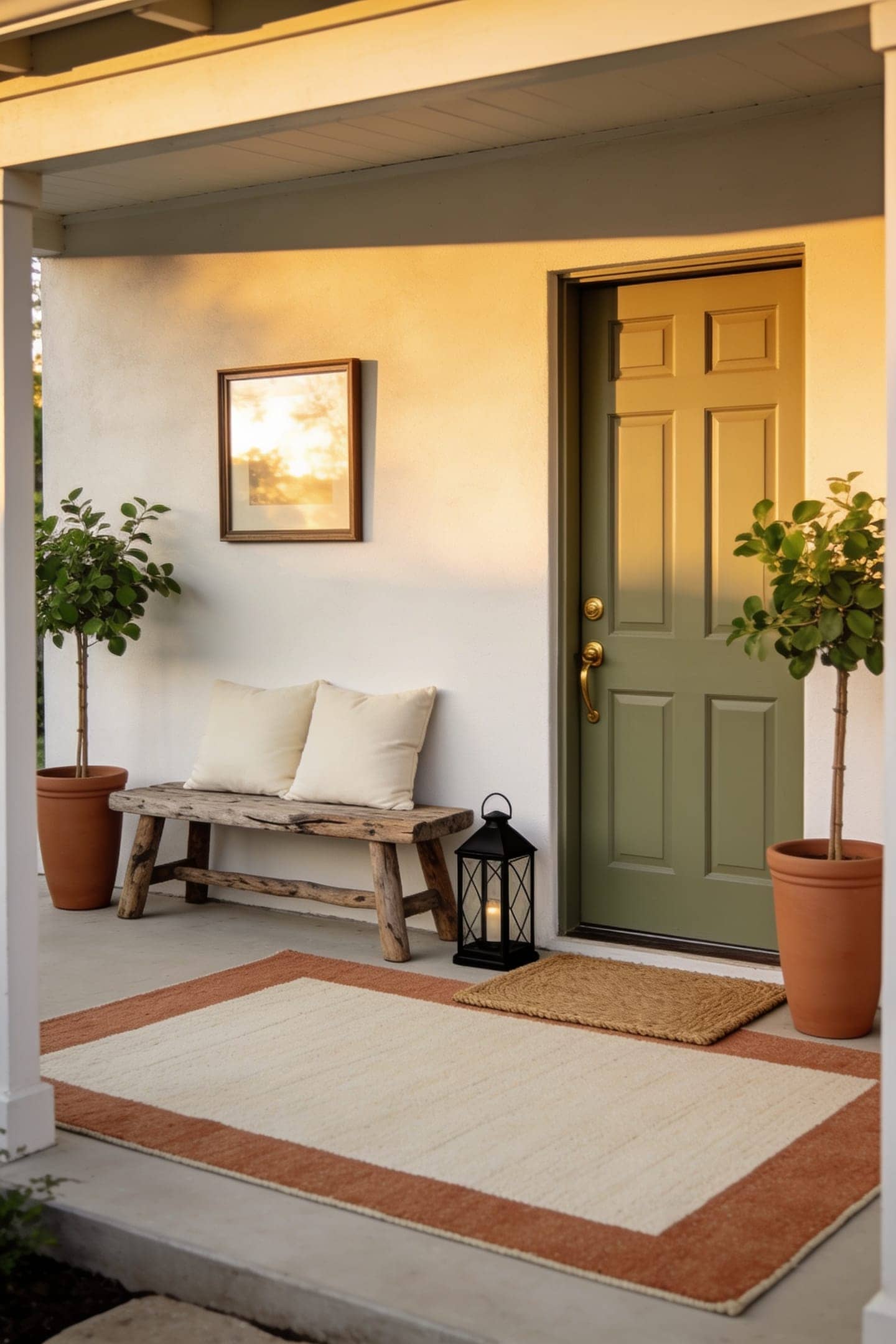 small front porch styled with a bench, matching planters and a layered rug