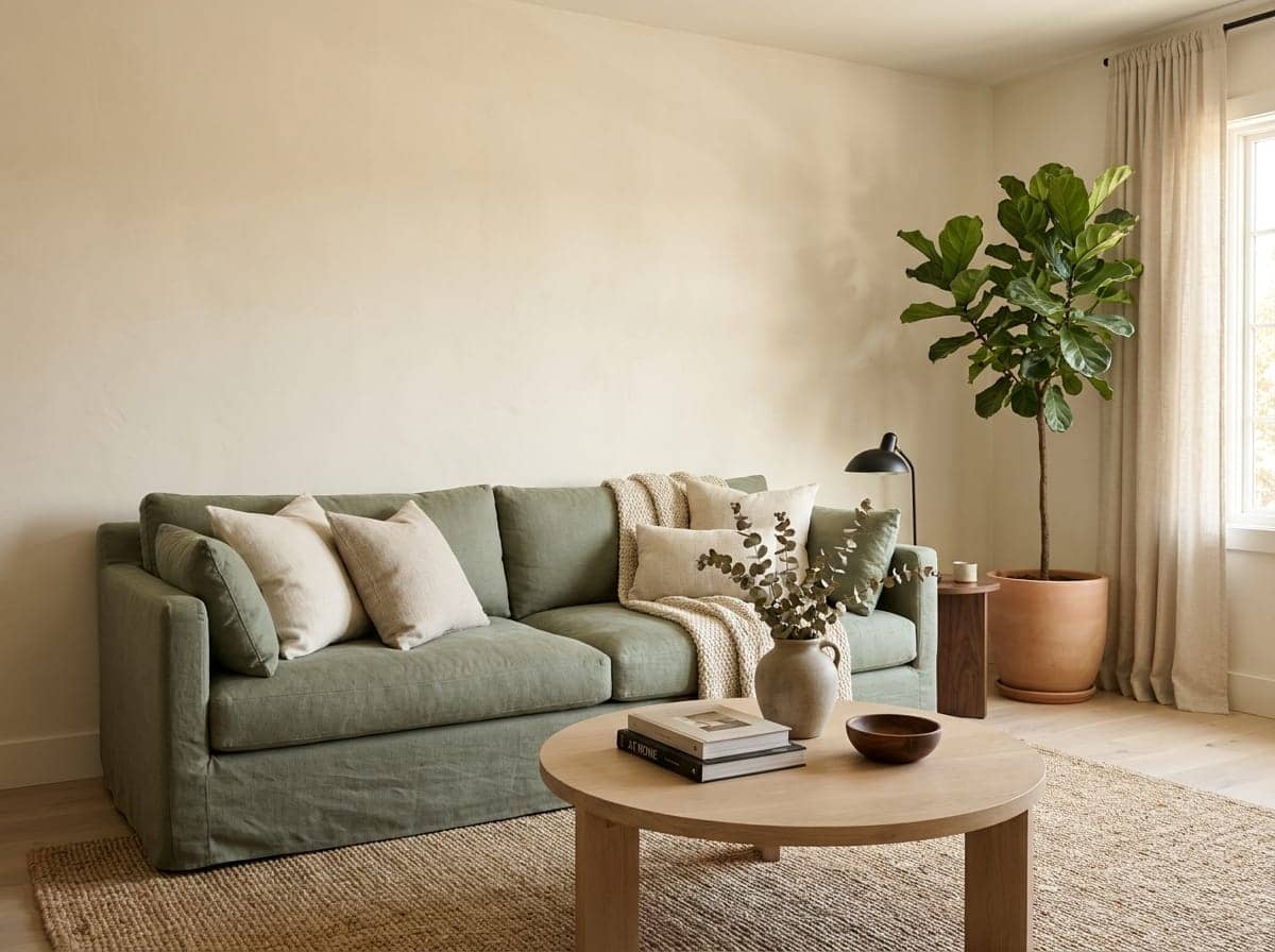 sage green living room, styled