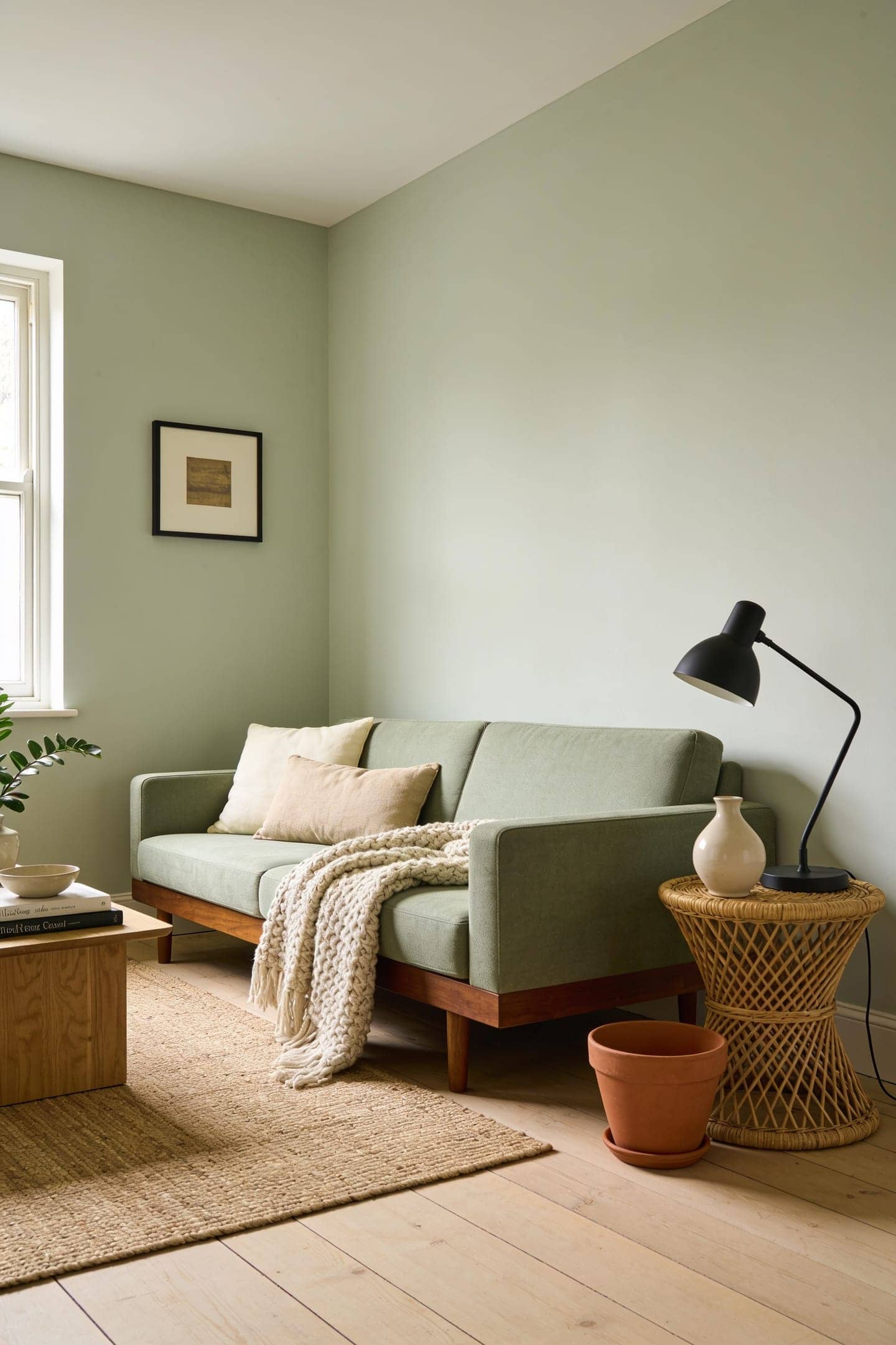 sage green sofa neutral room