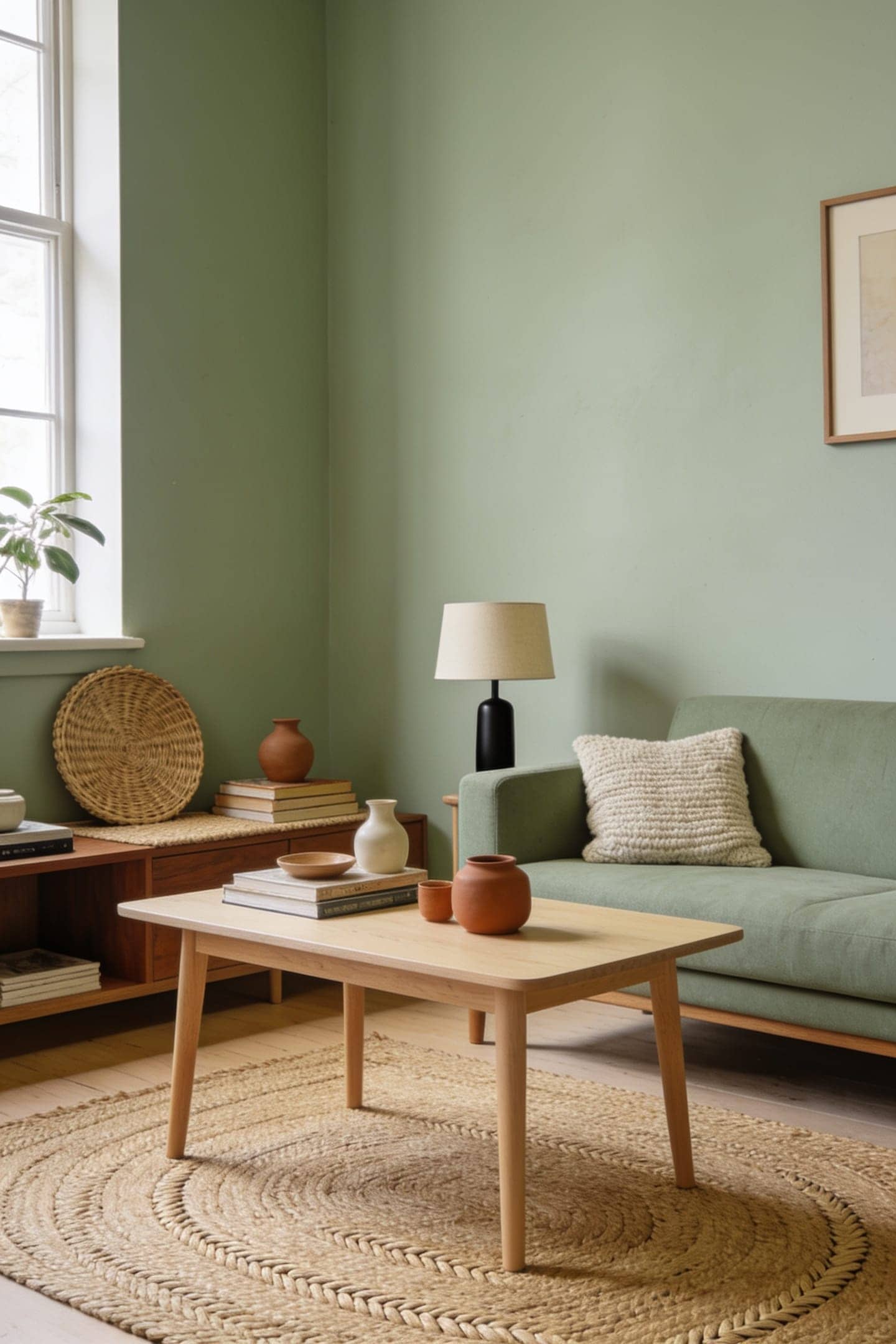 jute rug under sage sofa