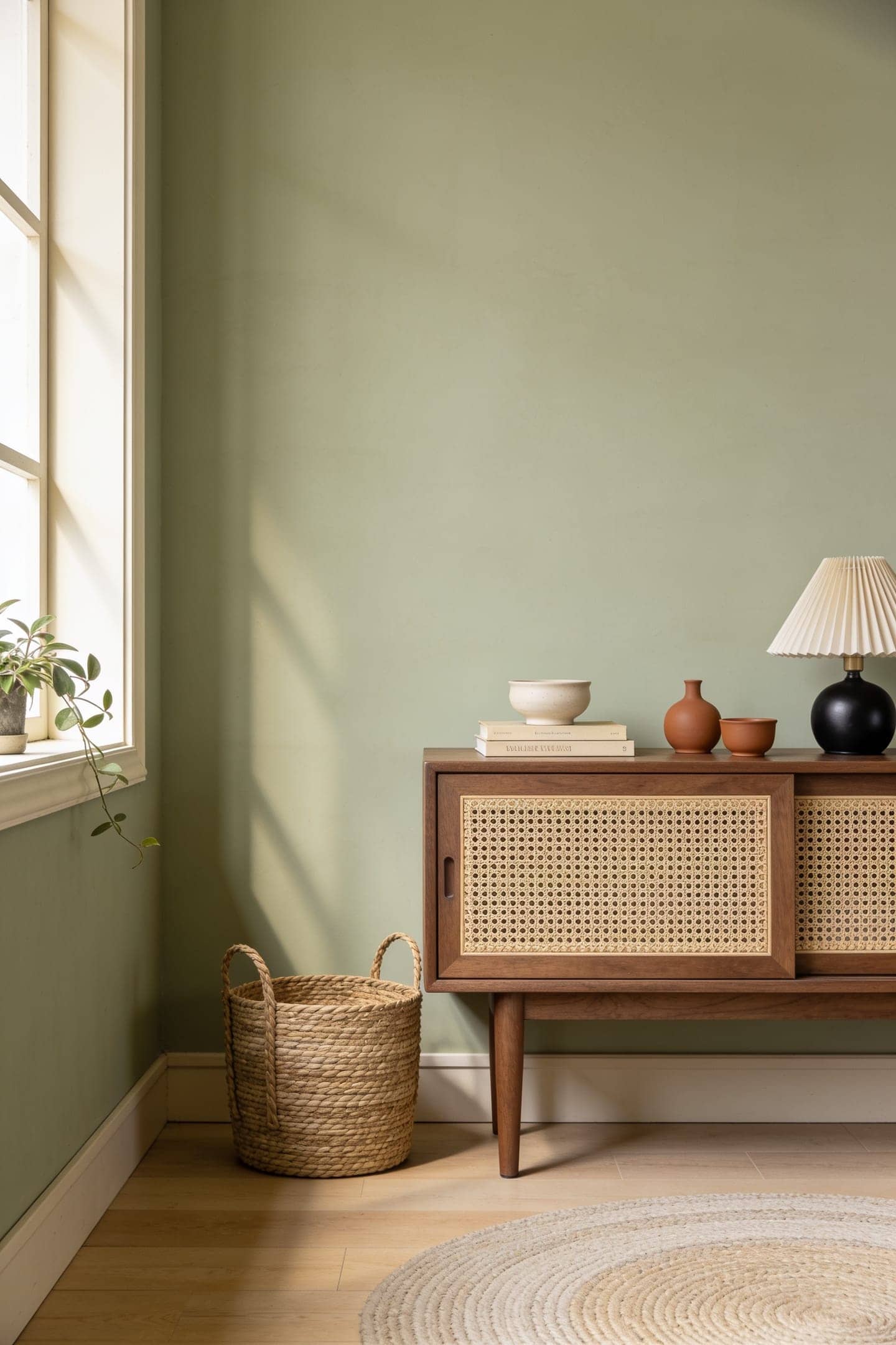 walnut table rattan sage room