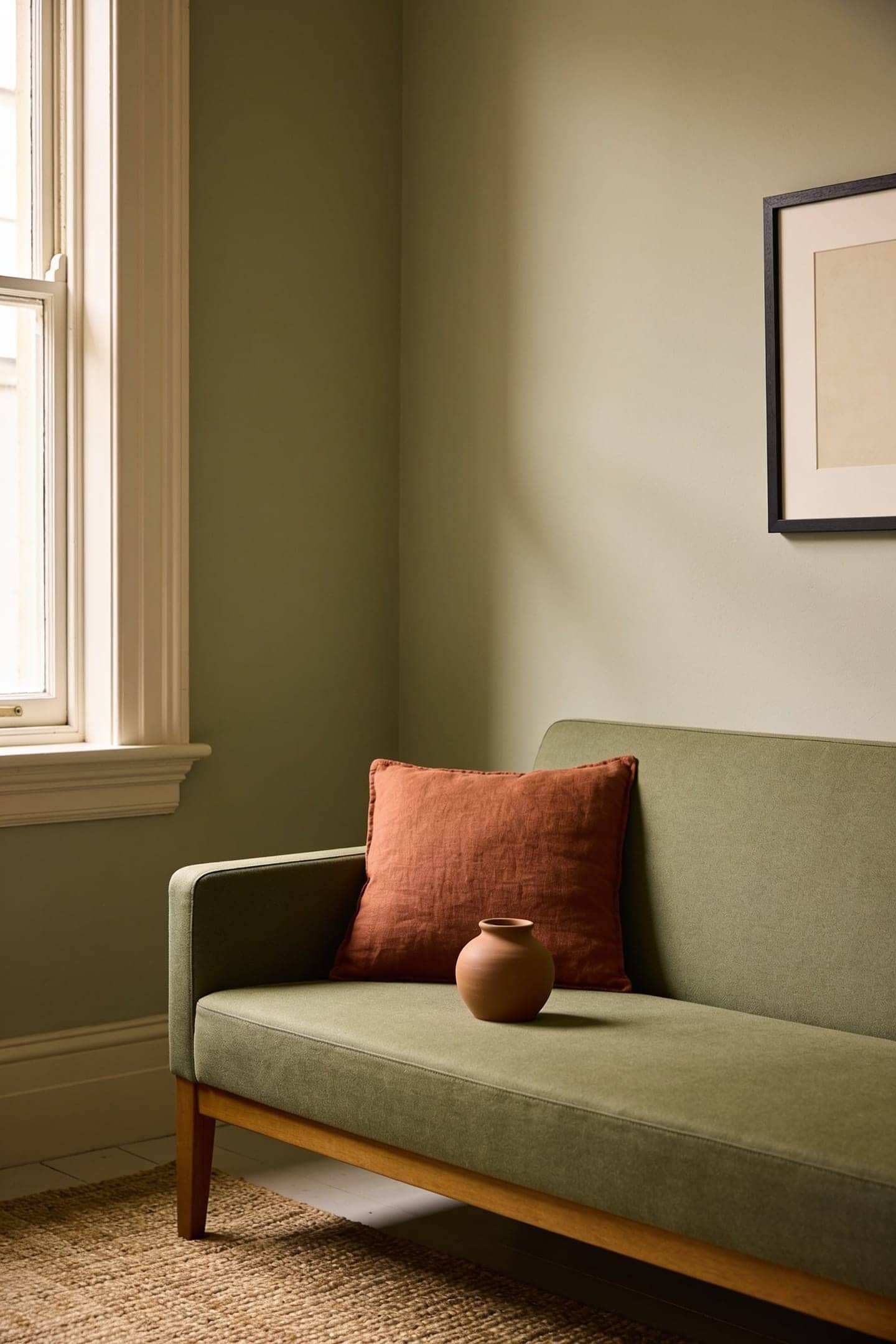 terracotta cushion sage sofa